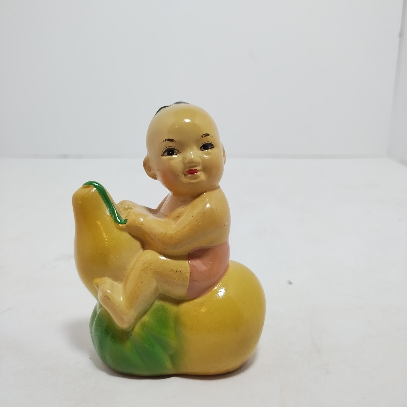 Vintage Asian Chinese Baby on Pear Ceramic Handpainted Figure Pencil Sharpener