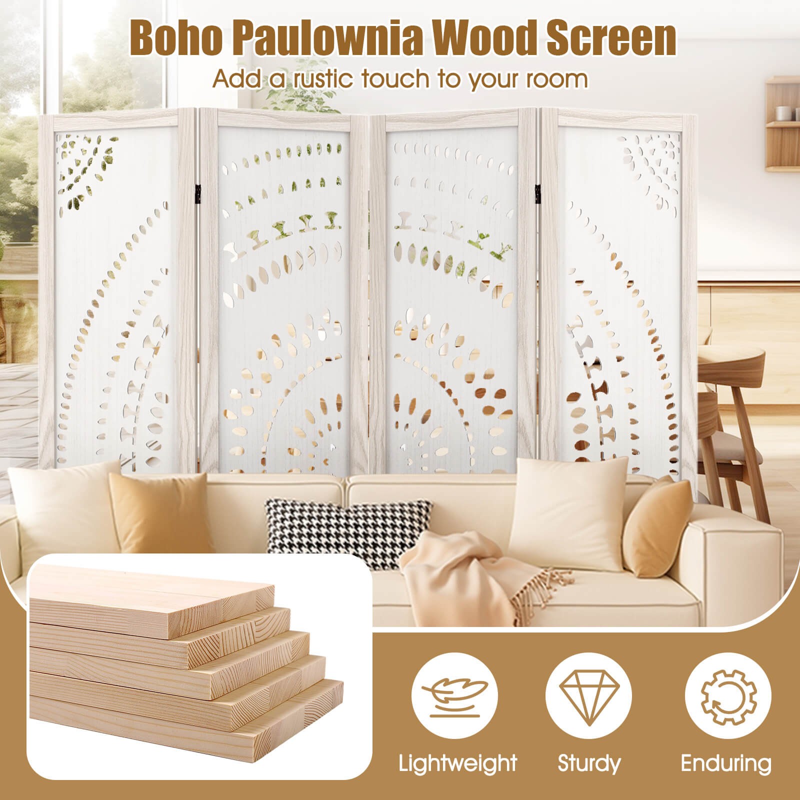 66" Boho 4-Panel Room Divider with Carved Pattern & Solid Wood Frame 360° Hinges