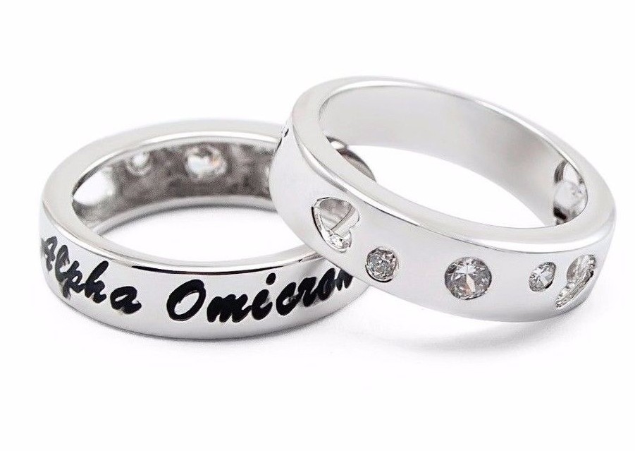 Alpha Omicron Pi Sorority Ring with Cursive Writing and CZs