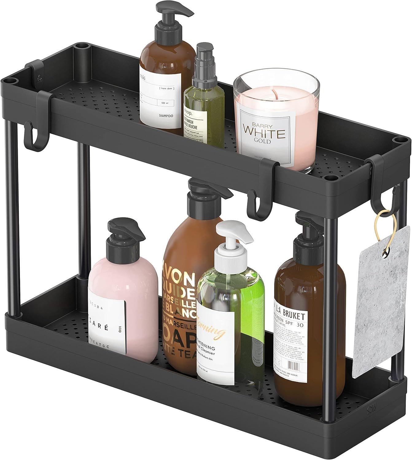 2-Tier Under Sink Organizer Storage Tray with Hooks Black