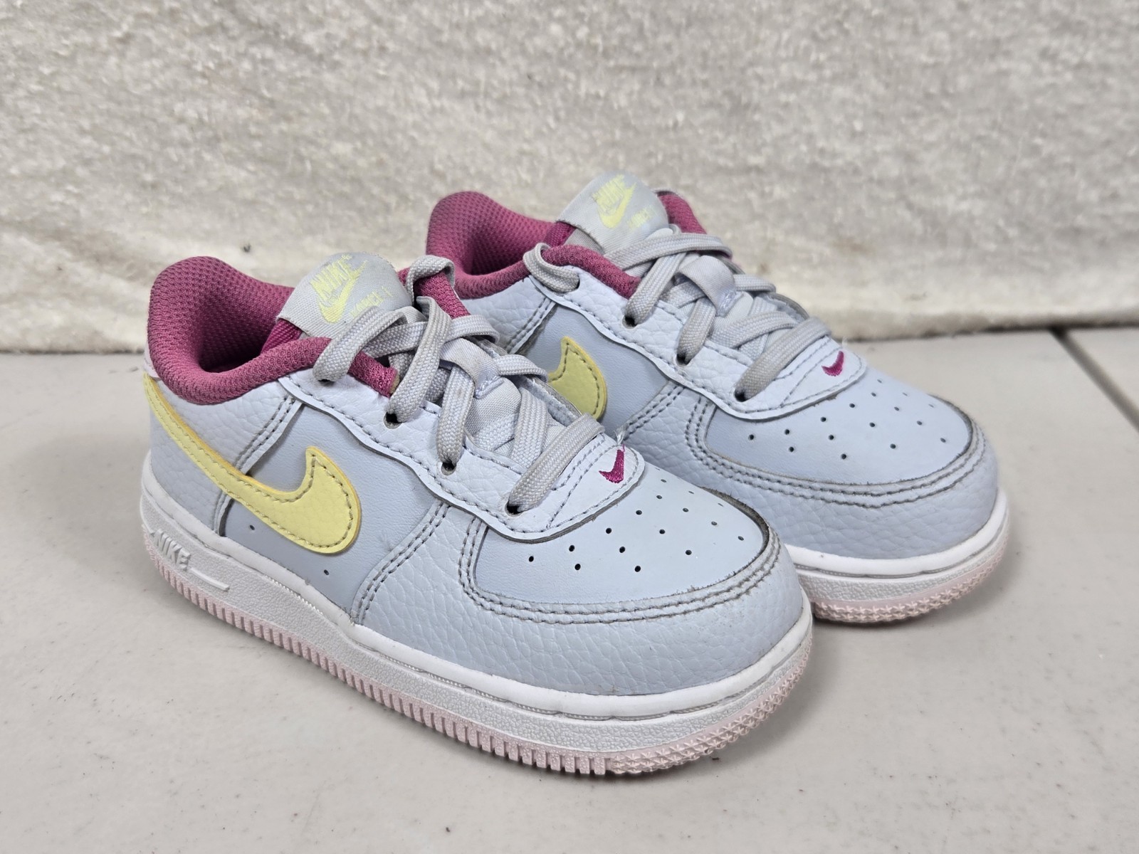 Nike Force 1 Kids Toddler Shoes Leather Gray Citron Fuchsia Size 8C DV7764-001