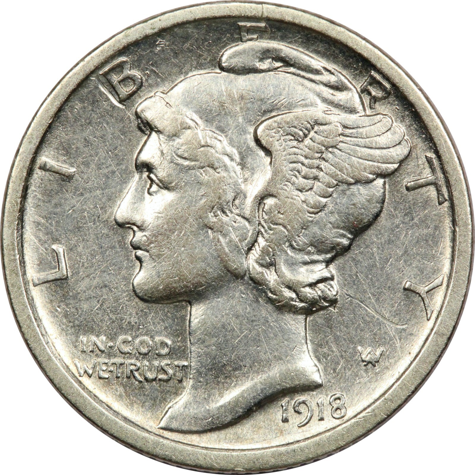 1918-S Mercury Dime 10C, XF/AU Condition
