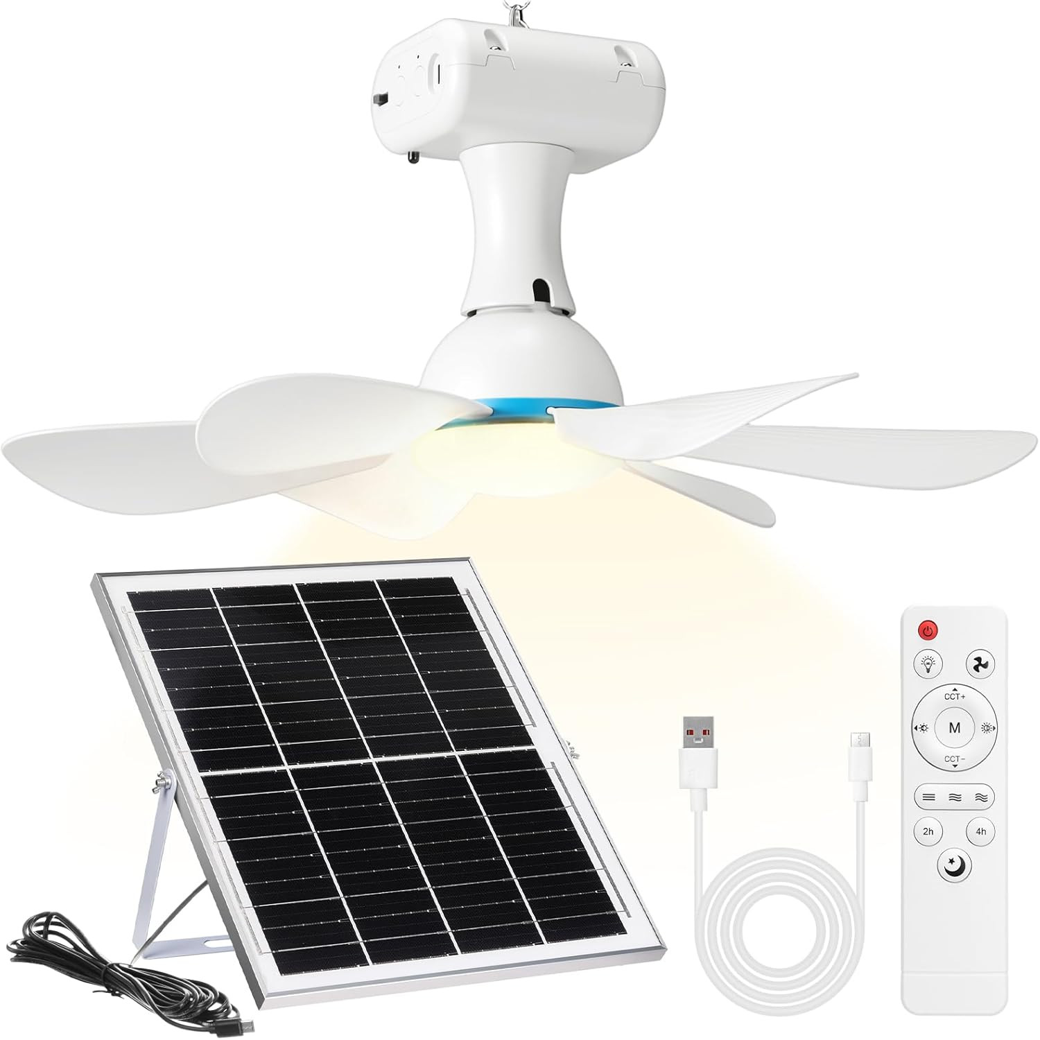 1 Set Solar Ceiling Fan with Light, 12W Solar Powered 12000Mah Rechargeable Camp