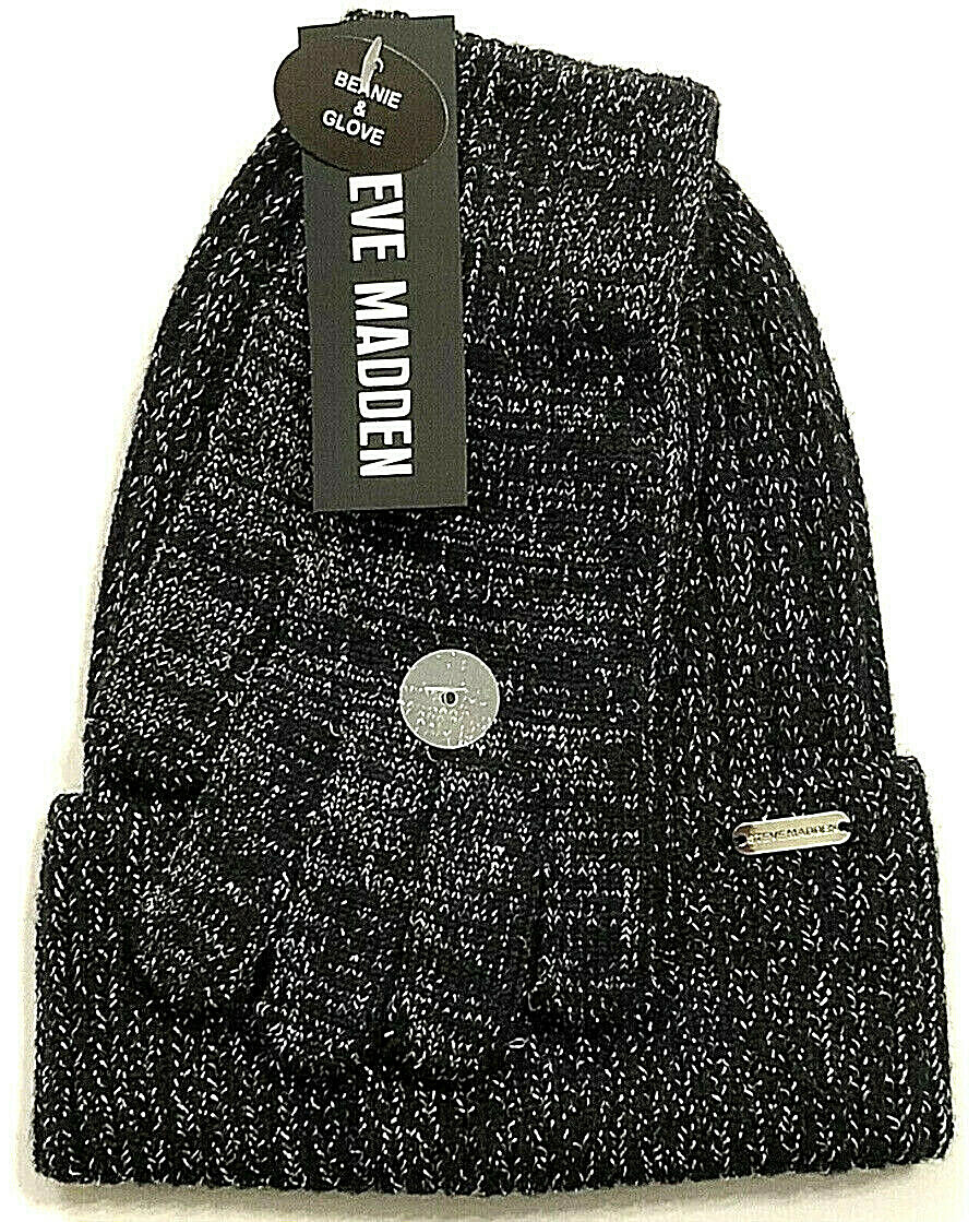 NWT WOMEN'S STEVE MADDEN BEANIE AND GLOVE SET METALLIC BLACK OSFM MSRP $58.00