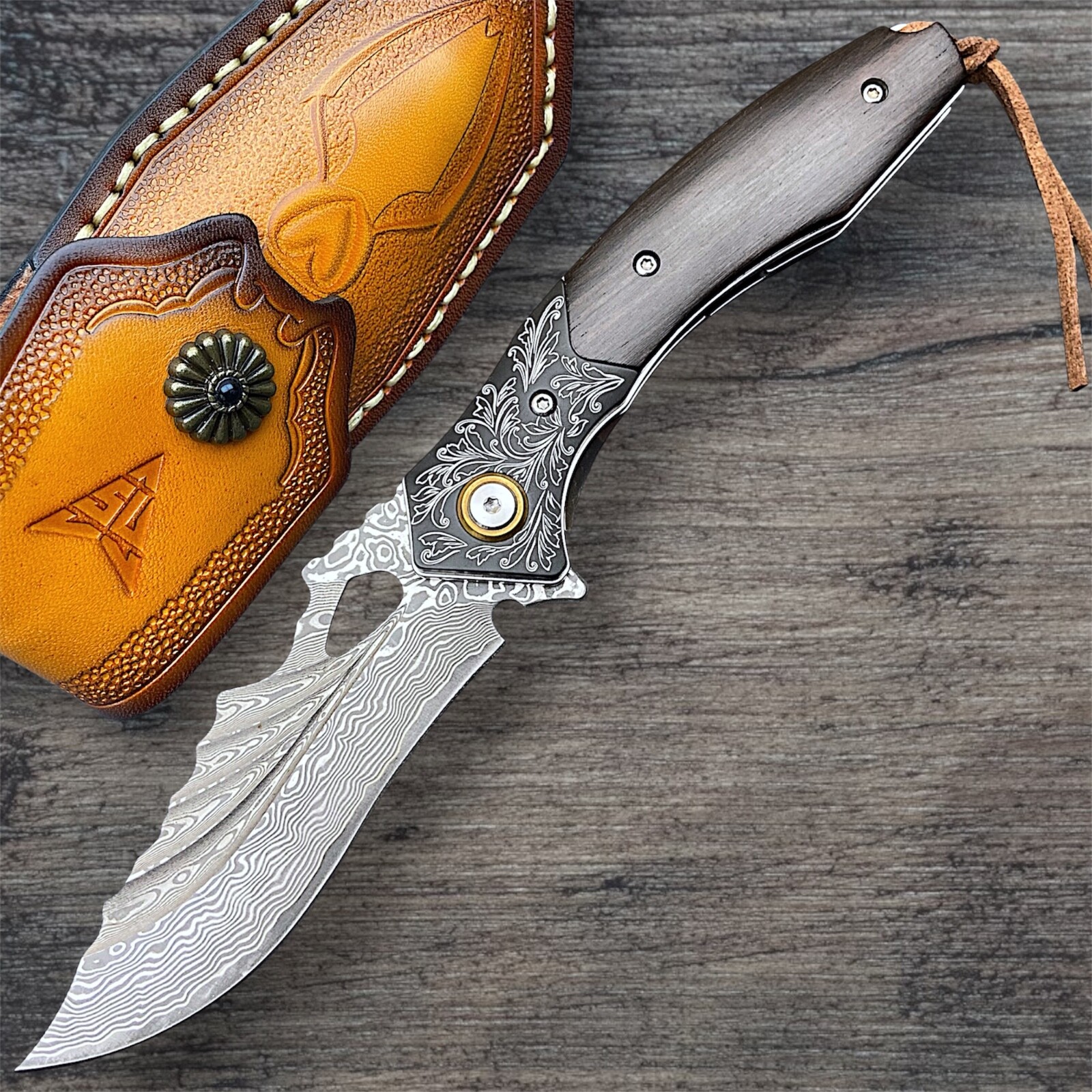 Damascus Steel Folding Knife – VG10 Core Blade – Ebony Handle – Pocket EDC Knife