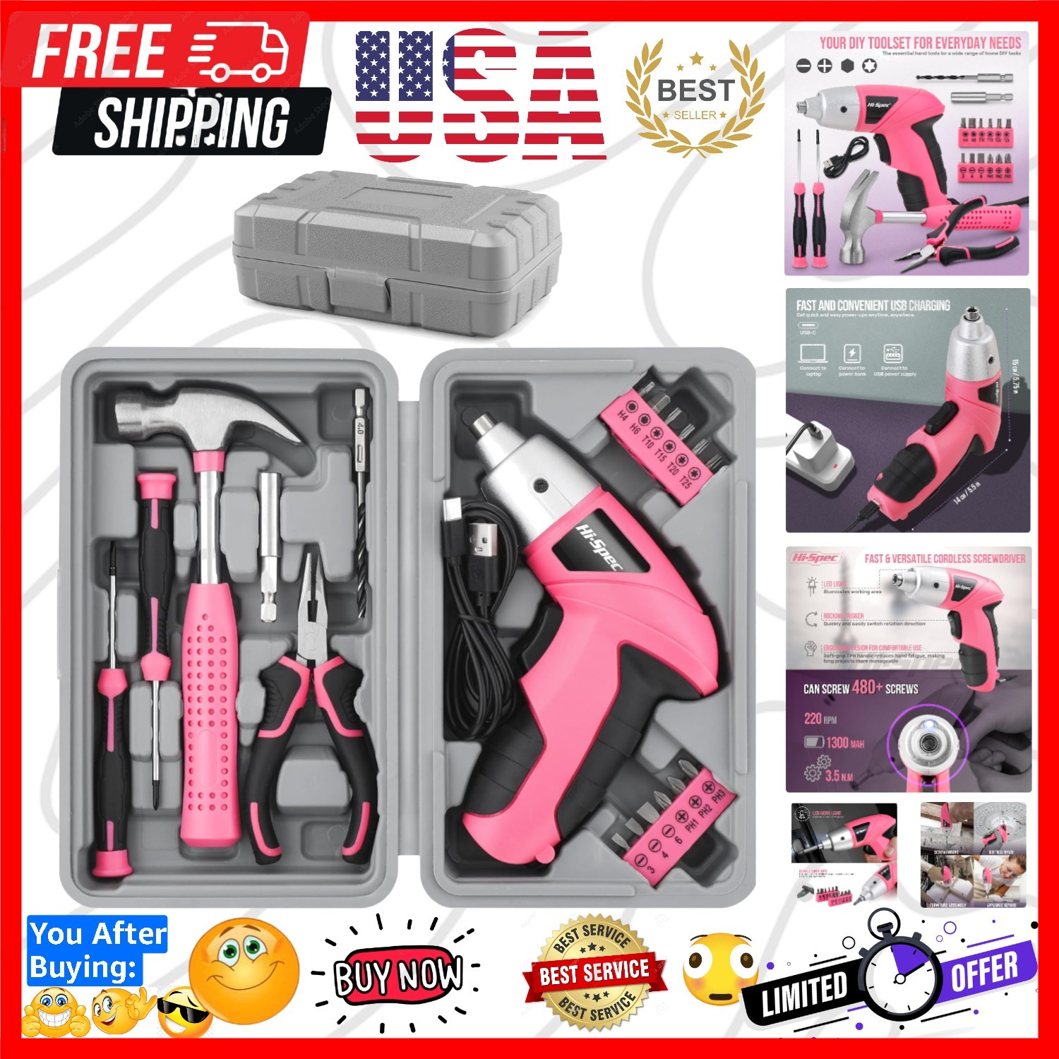 Cordless Electric Screwdriver, Power Screw Driver Set with Pink Compact Tool ...