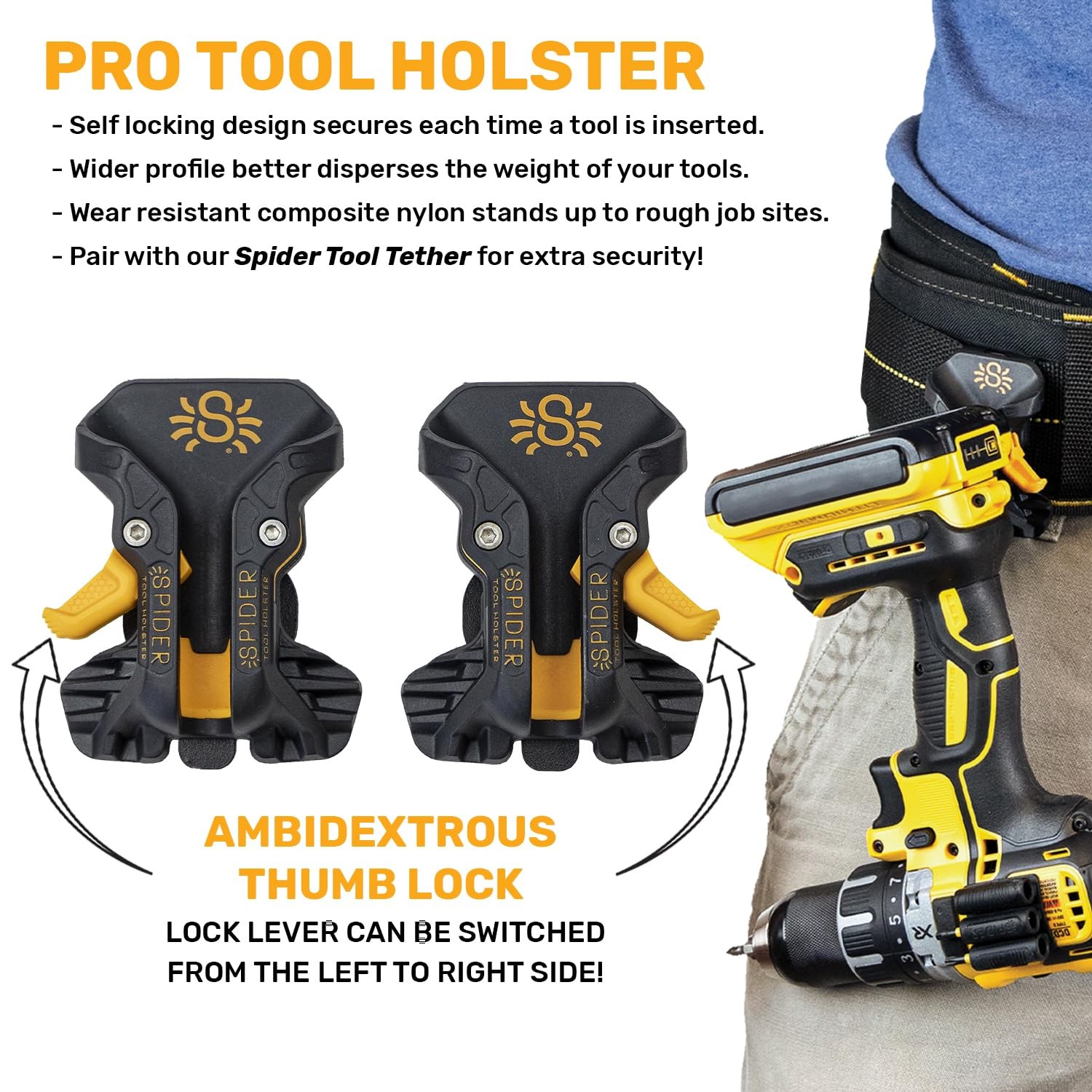 Tool Holster - Pro Tool Holster + Two Driver Pins - Upgraded, Self Locking Mu...