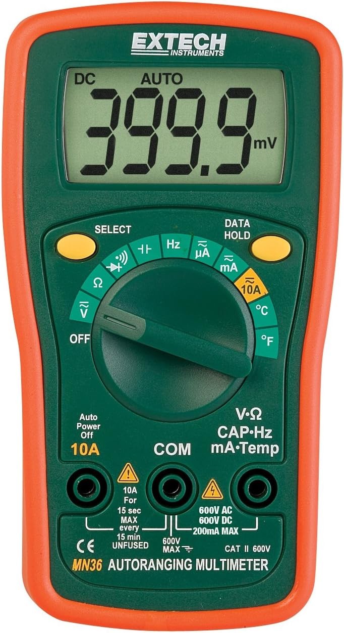 Extech MN36 MiniTec Autoranging Digital Mini Multimeter - 600 V AC/DC, Green