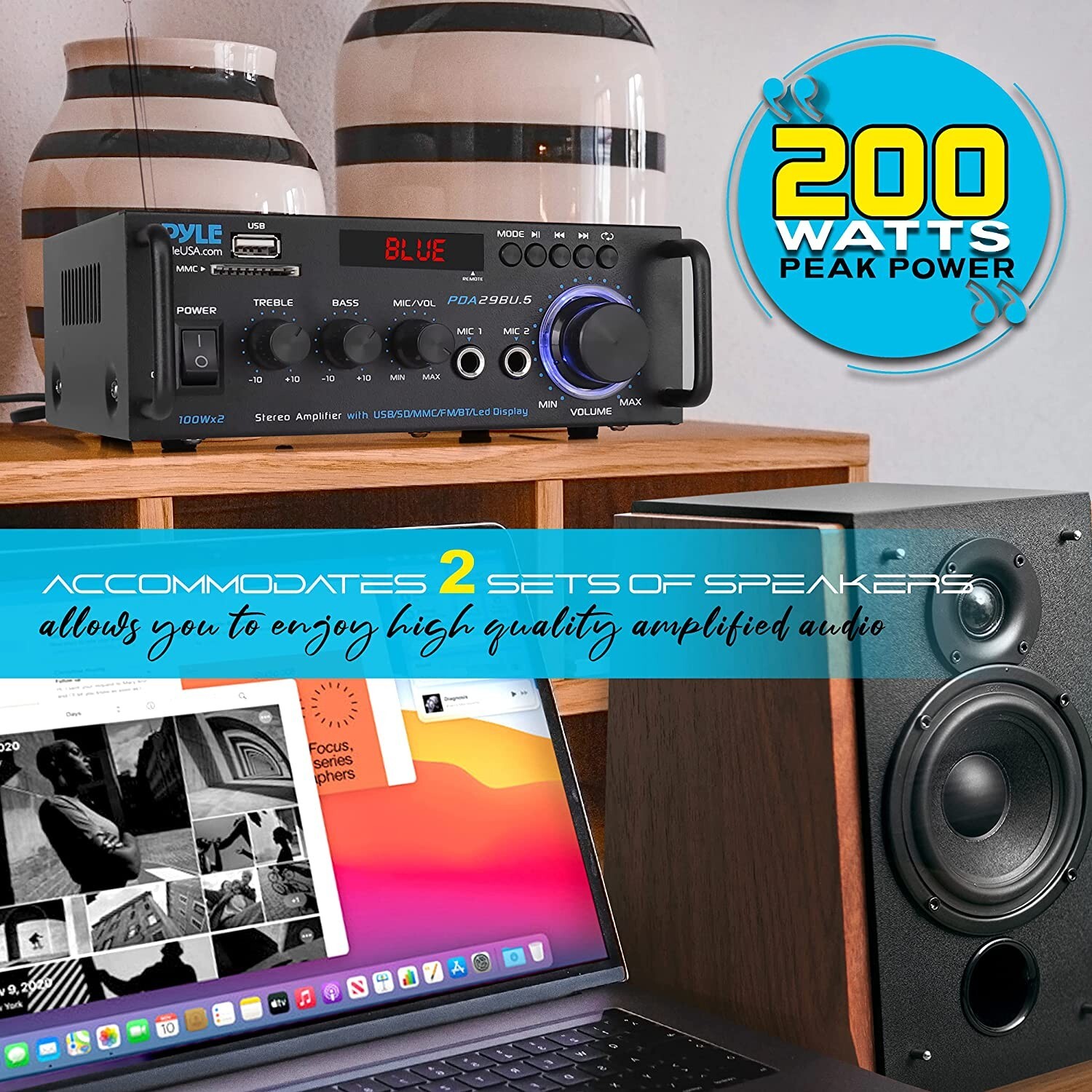 Pyle Wireless BT Stereo Power Amplifier-Blue Series Compact w/ RCA & Terminals