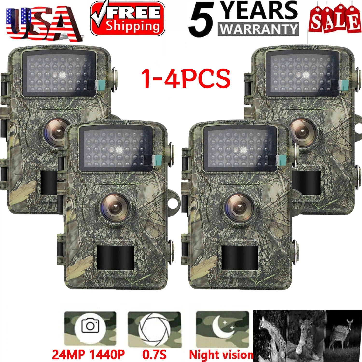 1-4 Pack Trail Camera 24MP Wildlife Hunting Night Vision Motion Waterproof Cam