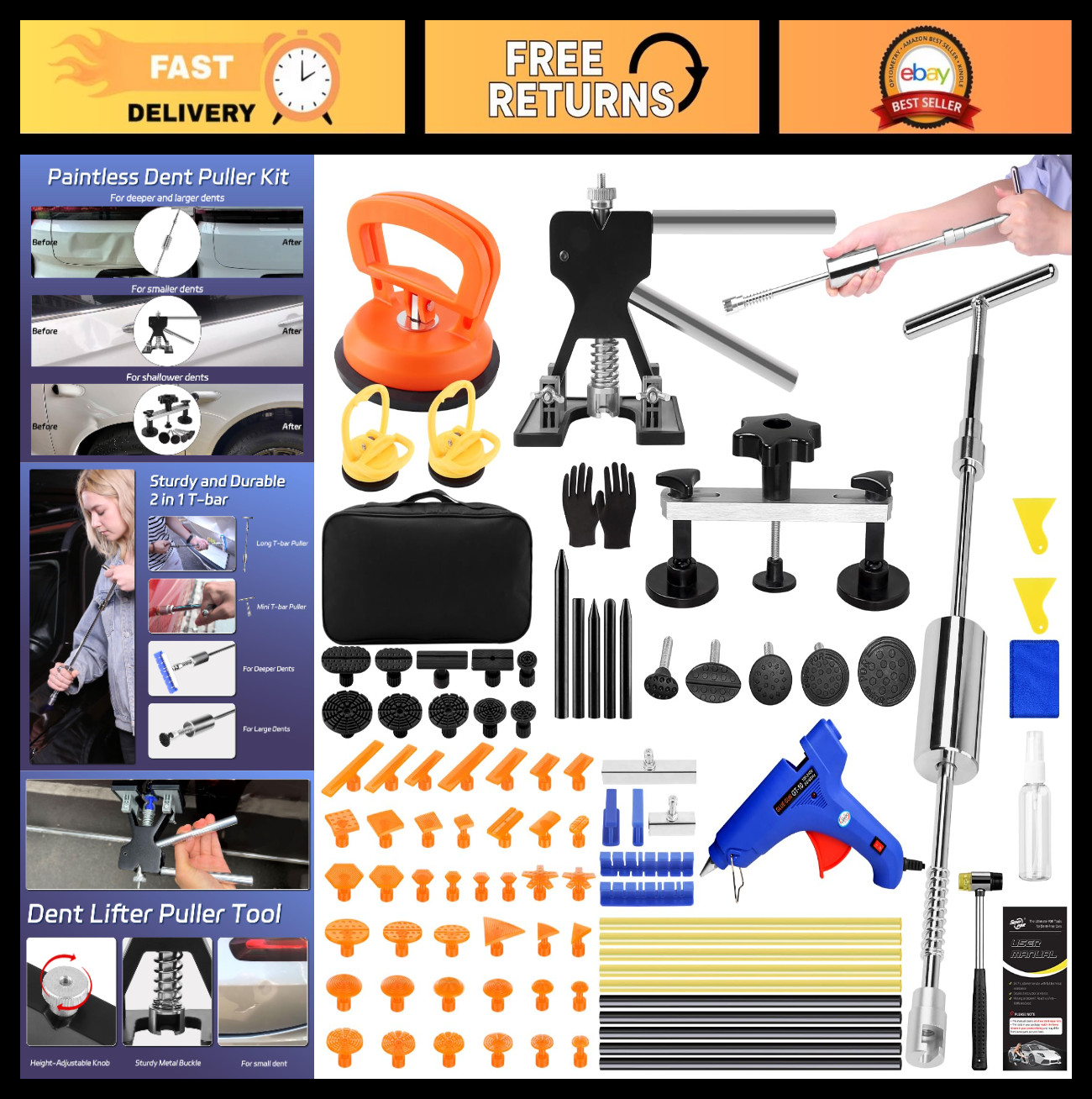 Paintless Dent Repair Kit - Slide Hammer, T-Bar Puller, Glue Gun & Sticks for Ha