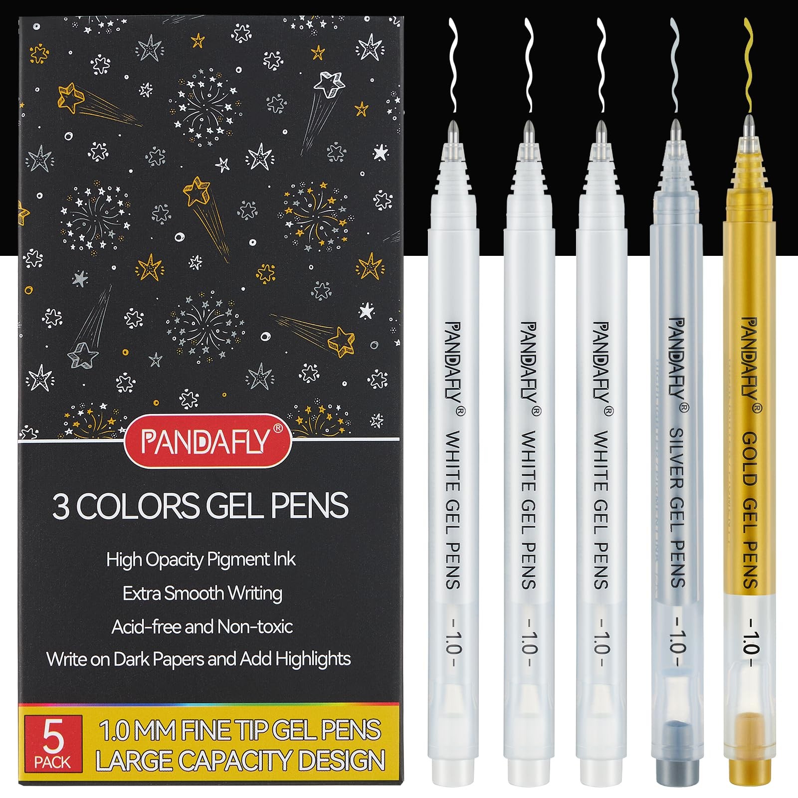 PANDAFLY Gold Silver White Gel Pens, 1Mm Extra Fine Point White Pen for Art High