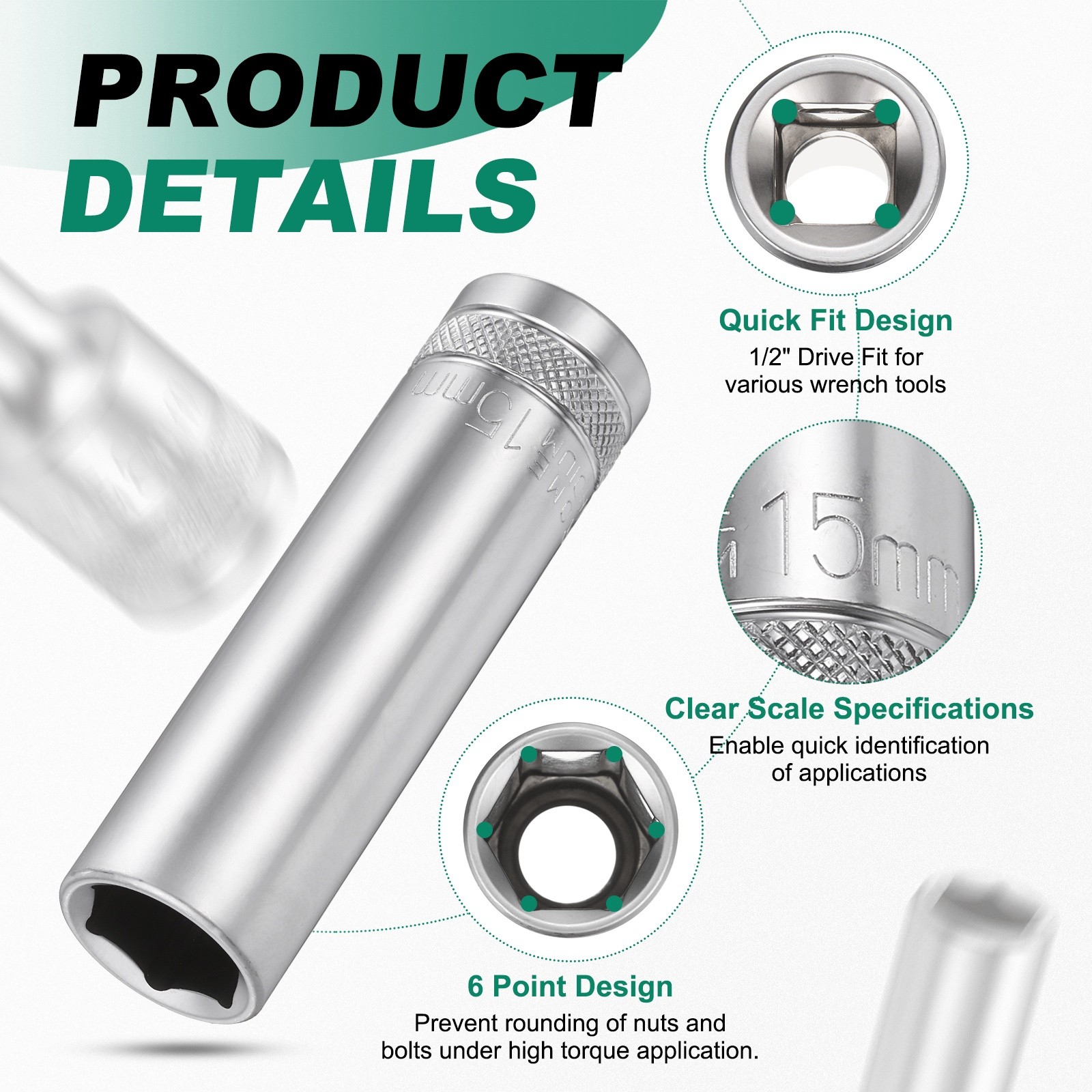 3pcs 6 Points Deep Socket 1/2" Drive 15mm Nickel Plating Hex Socket 3.1" Long