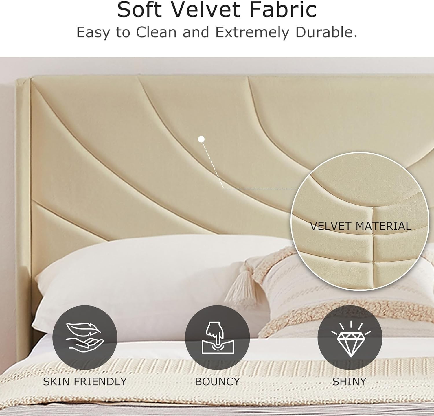 Twin Size Bed Frame Upholstered Platform with Wave Fabric Headboard/Wooden