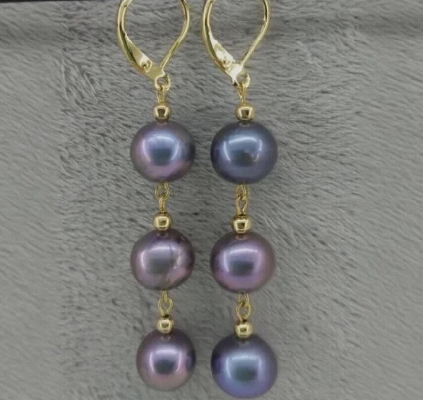 GENUINE Natural AAA+ 9-10mm Tahitian black Pearl Earrings 14K GOLD Dangle