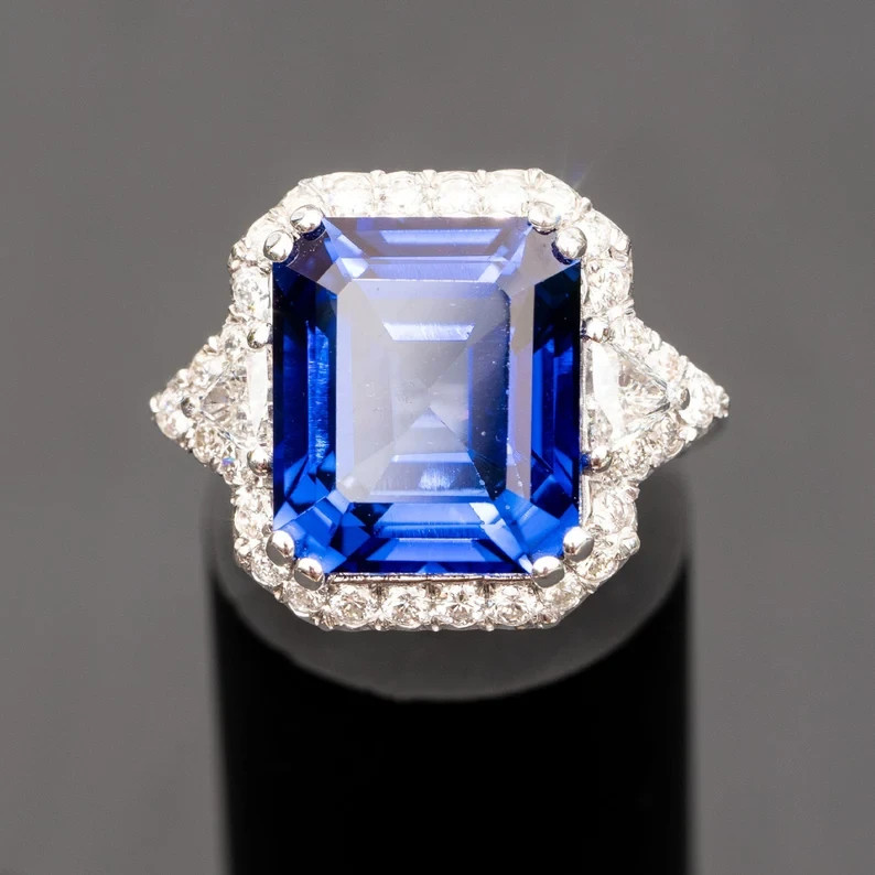 7.00 Ct Emerald Cut Natural Sapphire Diamond Wedding Ring 14K White Gold Size 8