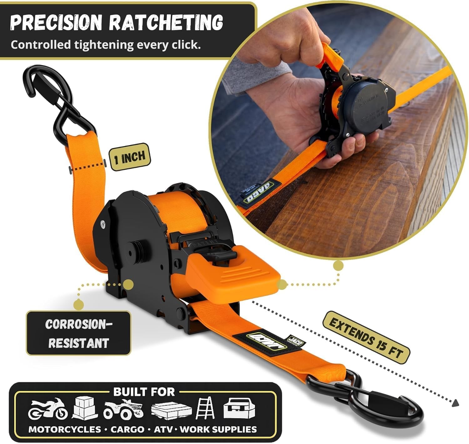 Retractable Ratchet Strap 1"x 9.8FT 1500lb Breaking Strength 2-Pack Nylon Orange