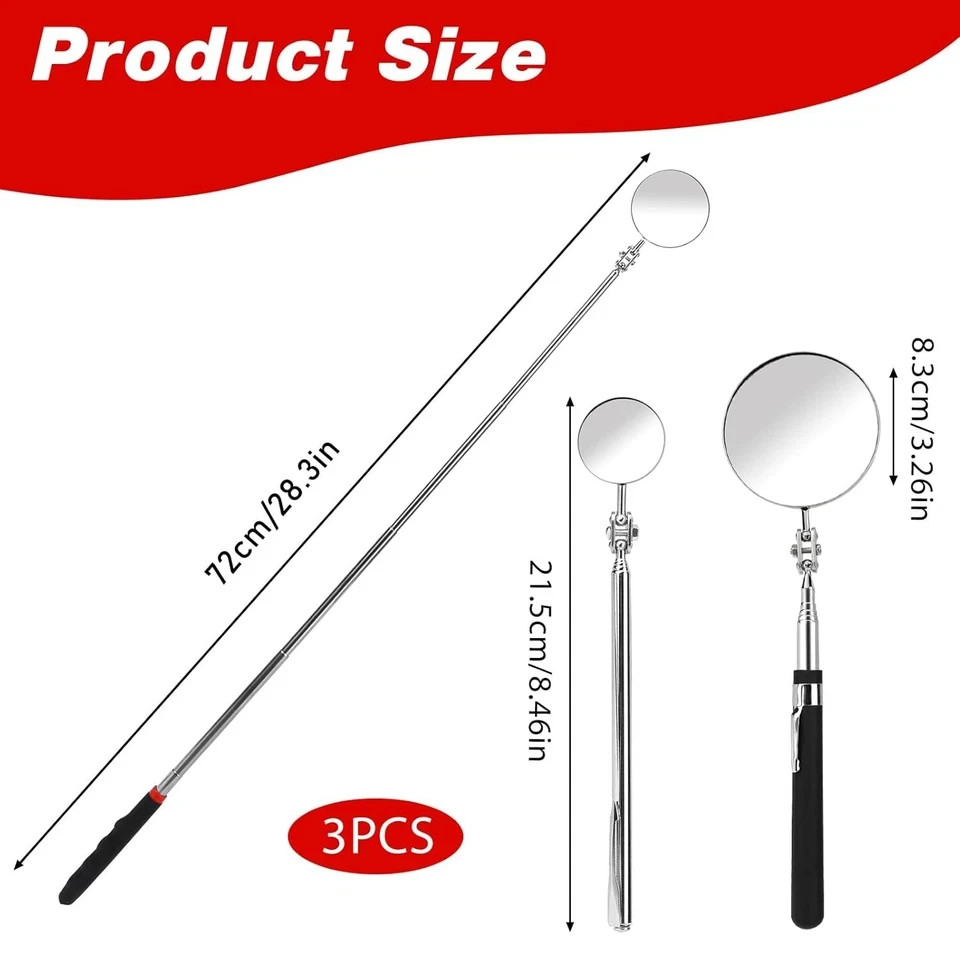 3 Pack Stainless Steel Mechanic Mirror Telescoping Inspection Mirror Extendable