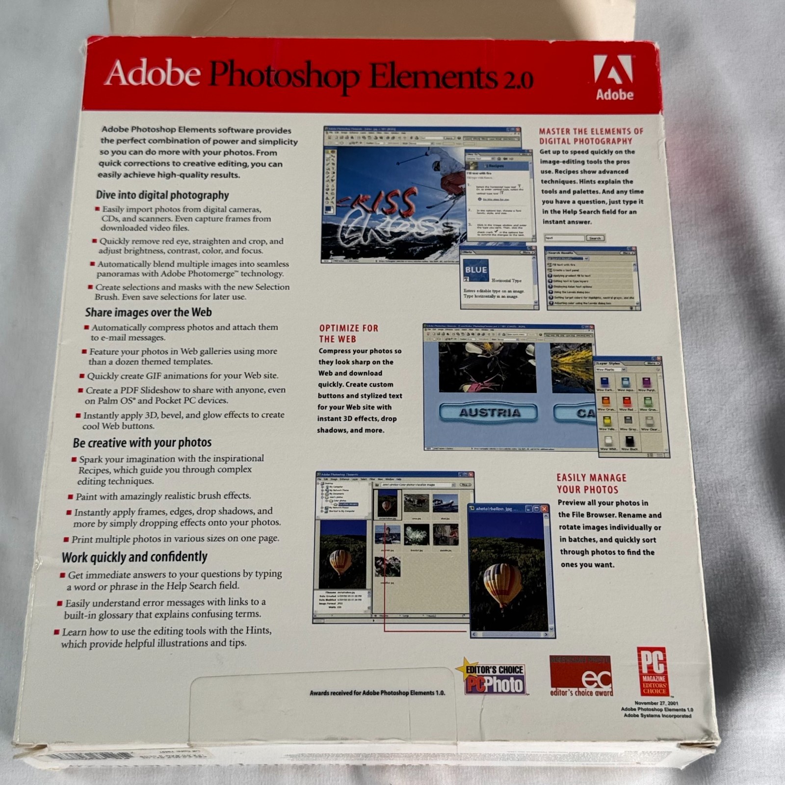 Adobe Photoshop Elements 2.0 Retail Box CD Manuals Win Mac Vintage Software Key