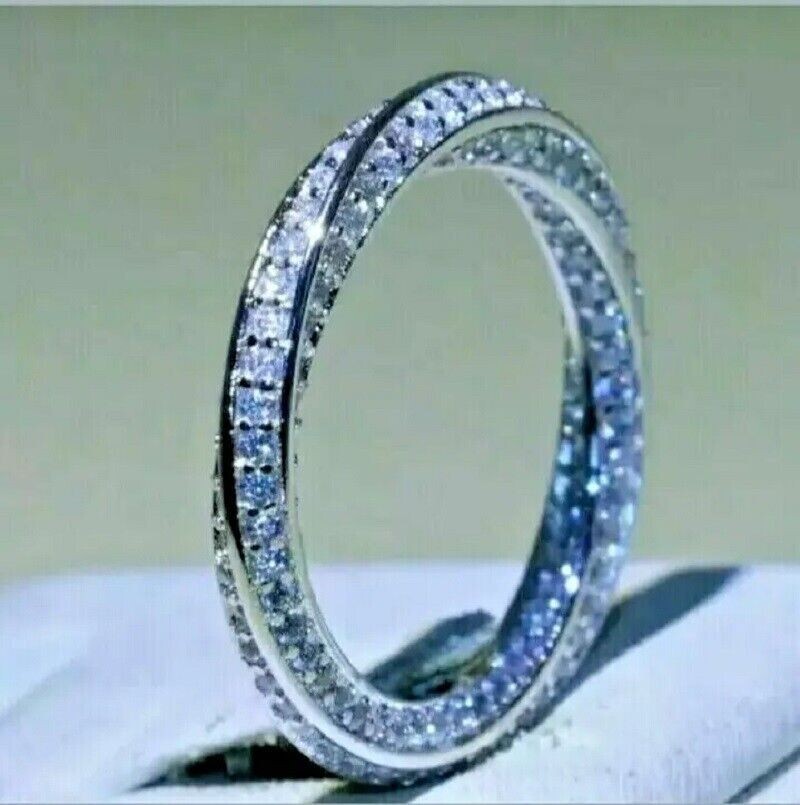 Round Moissanite Twisted Full Eternity Women Wedding Band 14K White Gold Plated