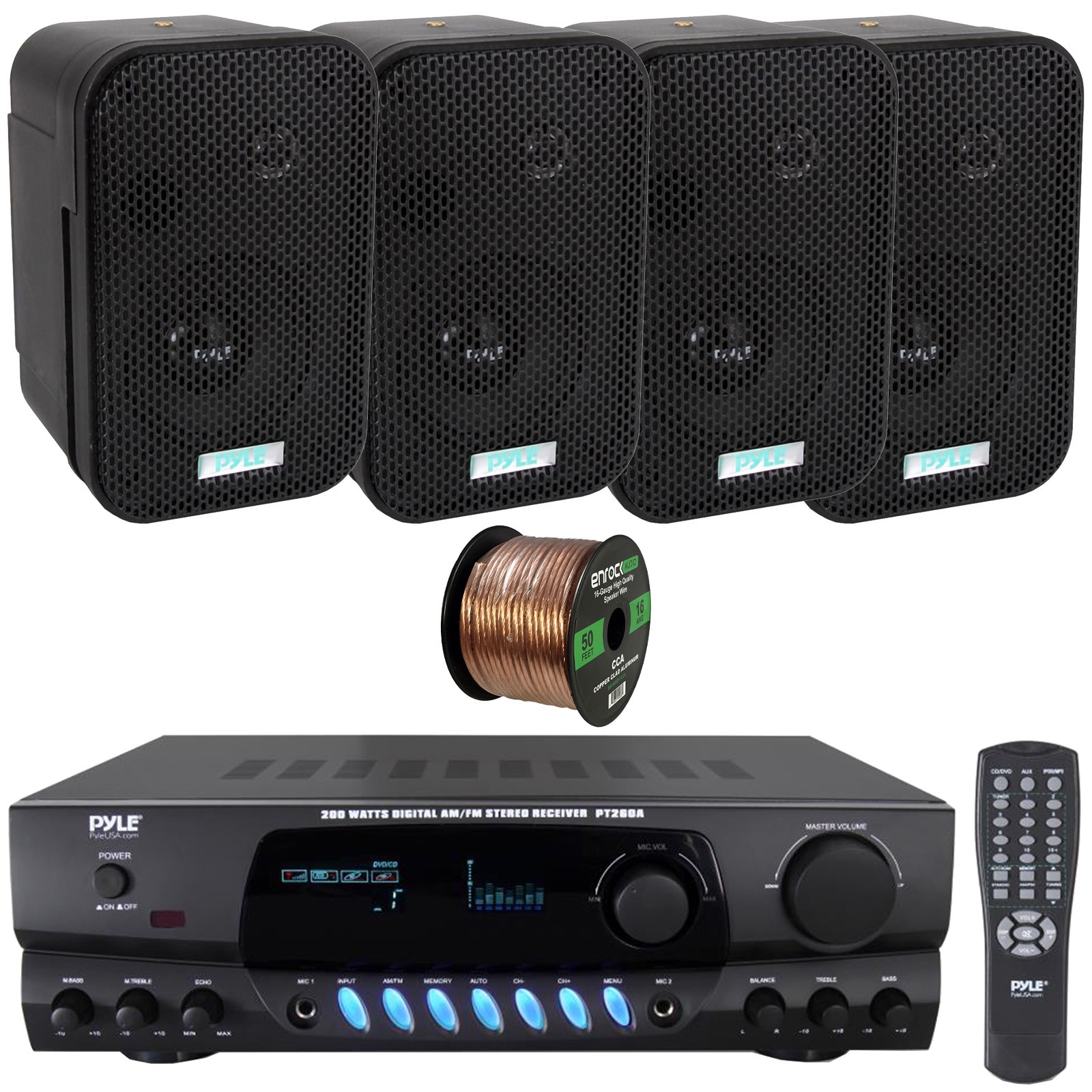 Pyle Audio Stereo Amplifier Receiver, 4x 3.5" 300W Waterproof Speakers, Wire