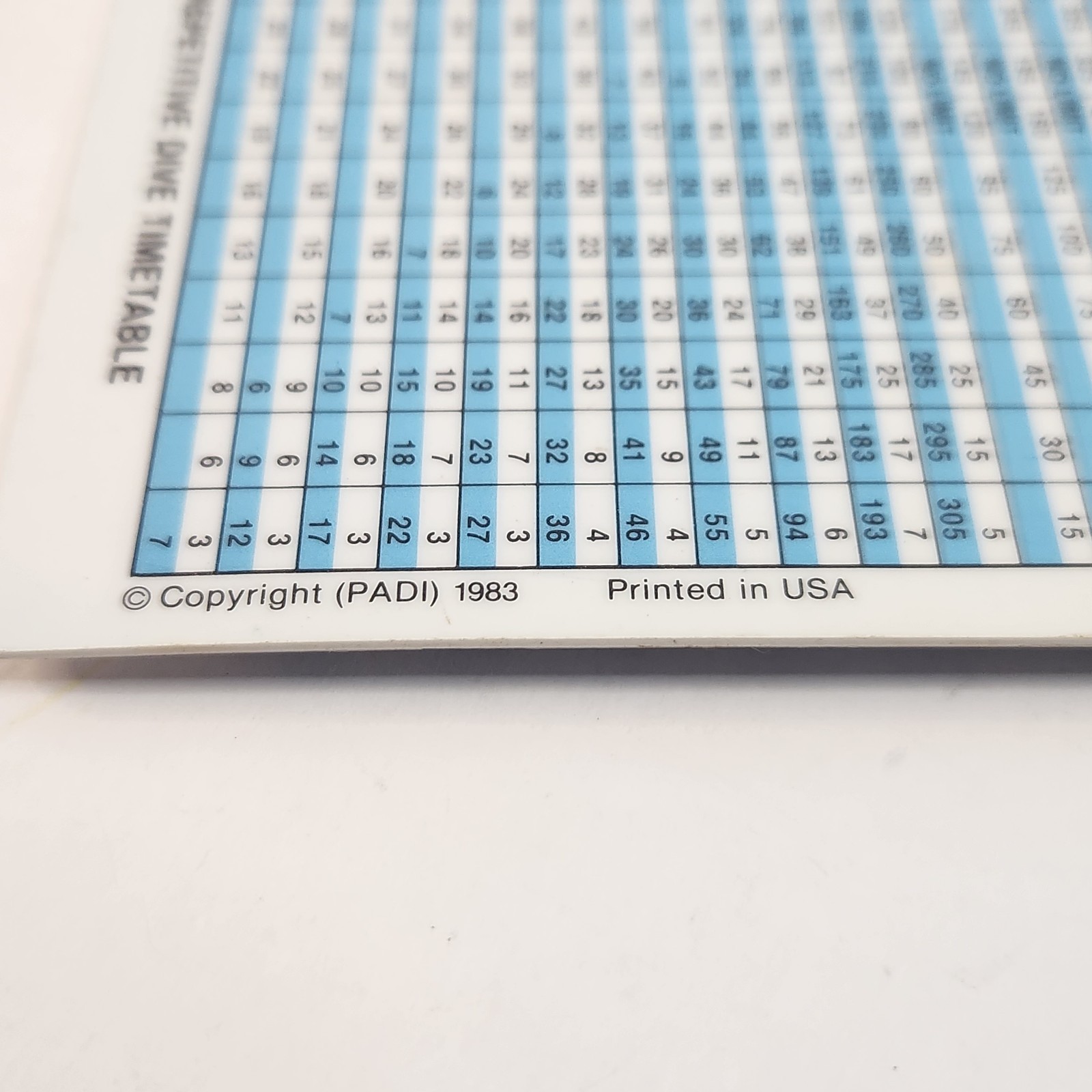 PADI DIVE TABLES Chart - 1983 Plastic Waterproof Laminated