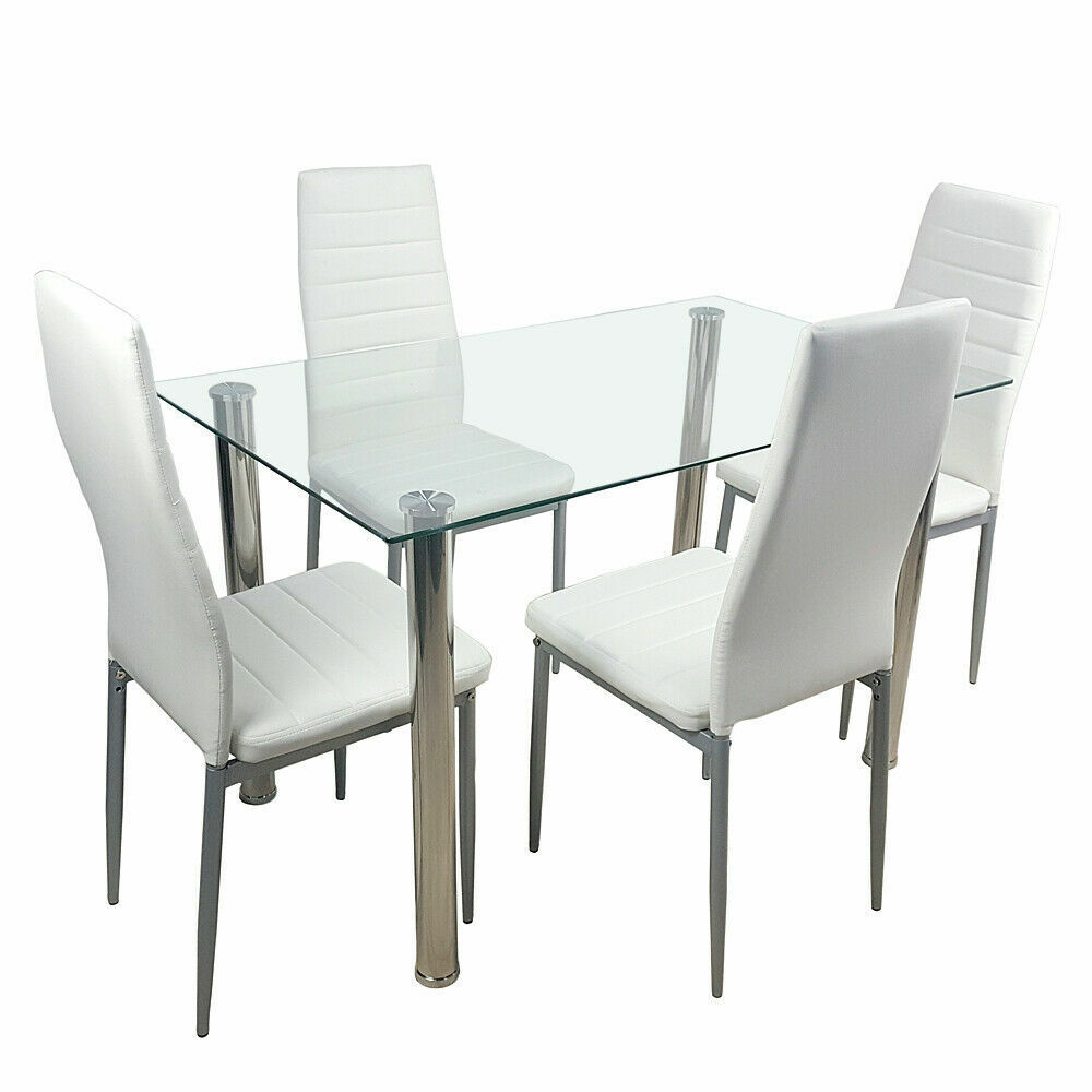 5 Piece Modern Dining Table & 4 Chairs Kit Glass Top Silver Metal Frame Kitchen