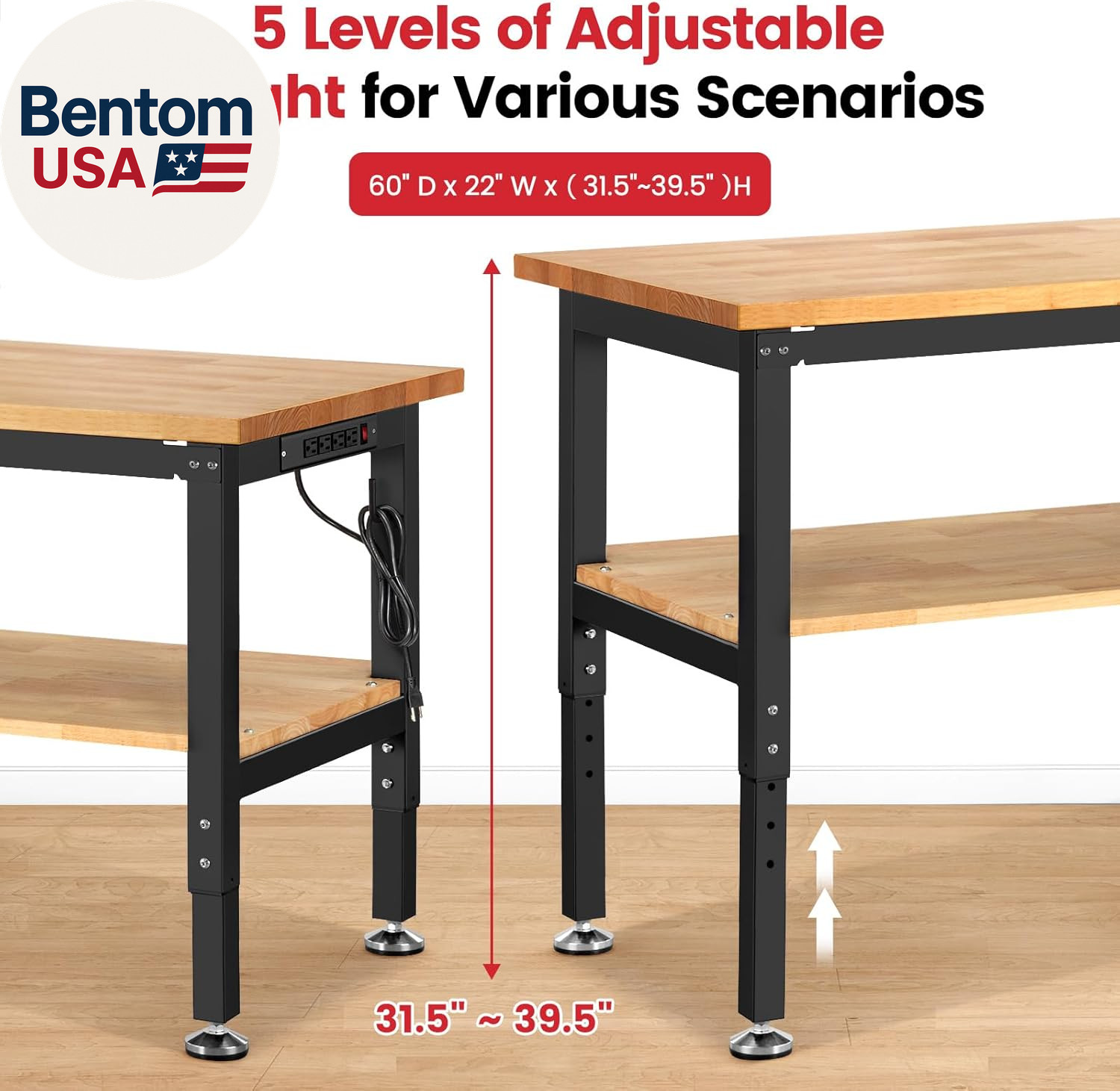 Adjustable Height Work Bench 60X 22 Workbench for Garage Work Table with under T