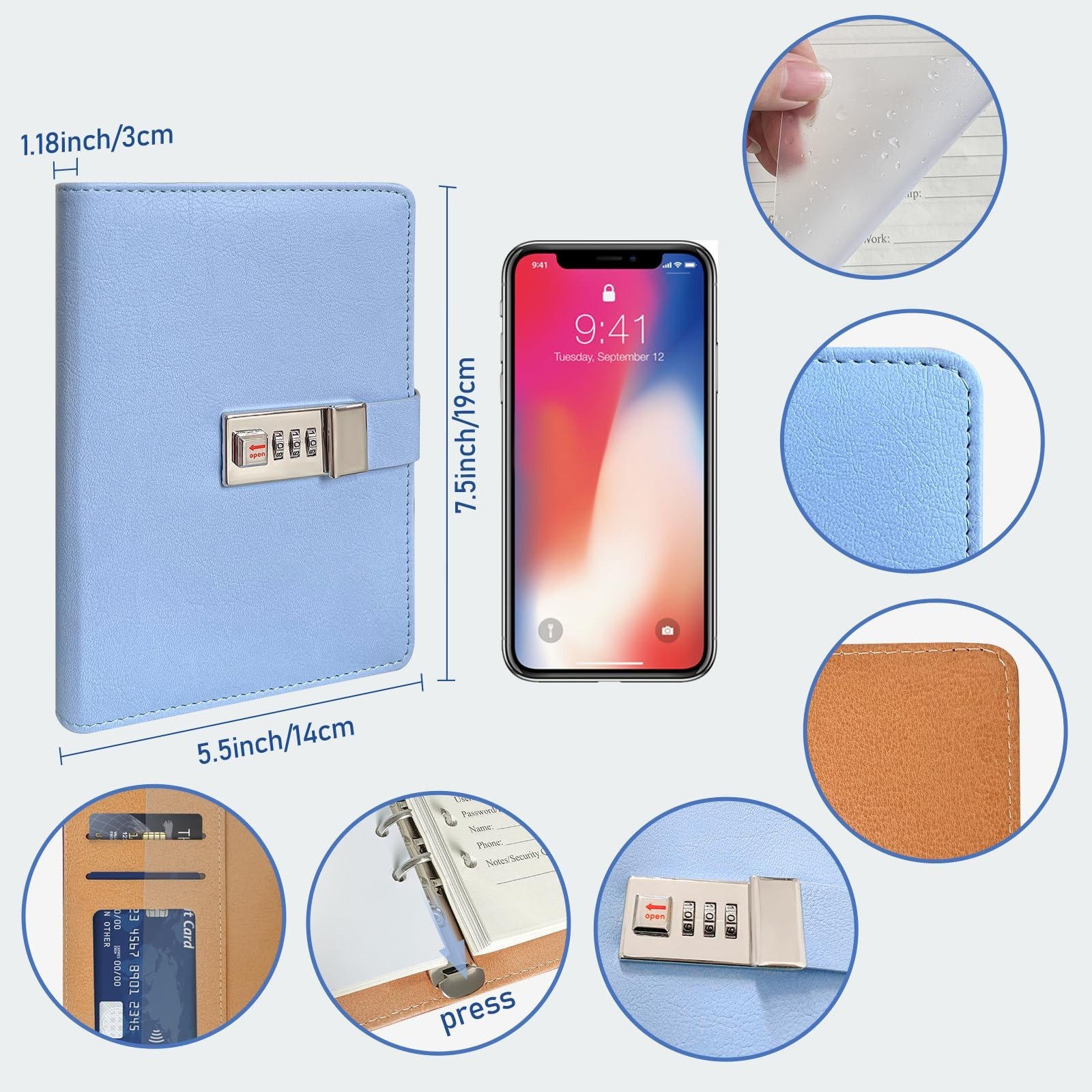 Refillable Password Book Binder with Lock & Tabs, 576 Passwords, Large Print, Bl