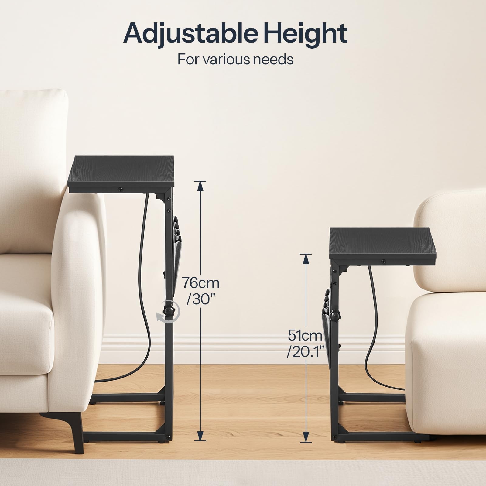 BB77USF01 Black C Shaped End Table With Charging Station Adjustable Height