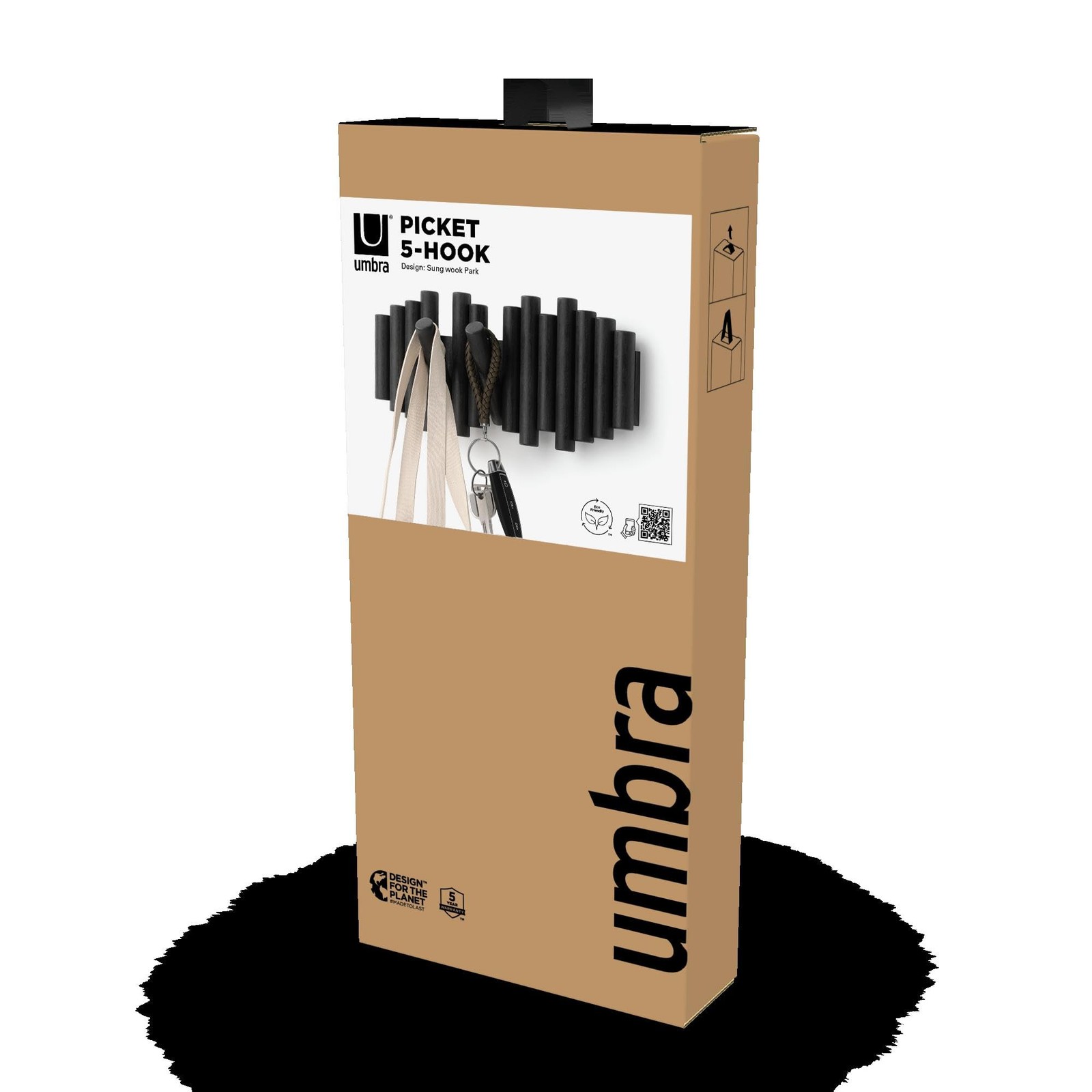 Umbra Picket Wall-Mounted Coat Rack Rail Hook with 5 5-Hook, Black