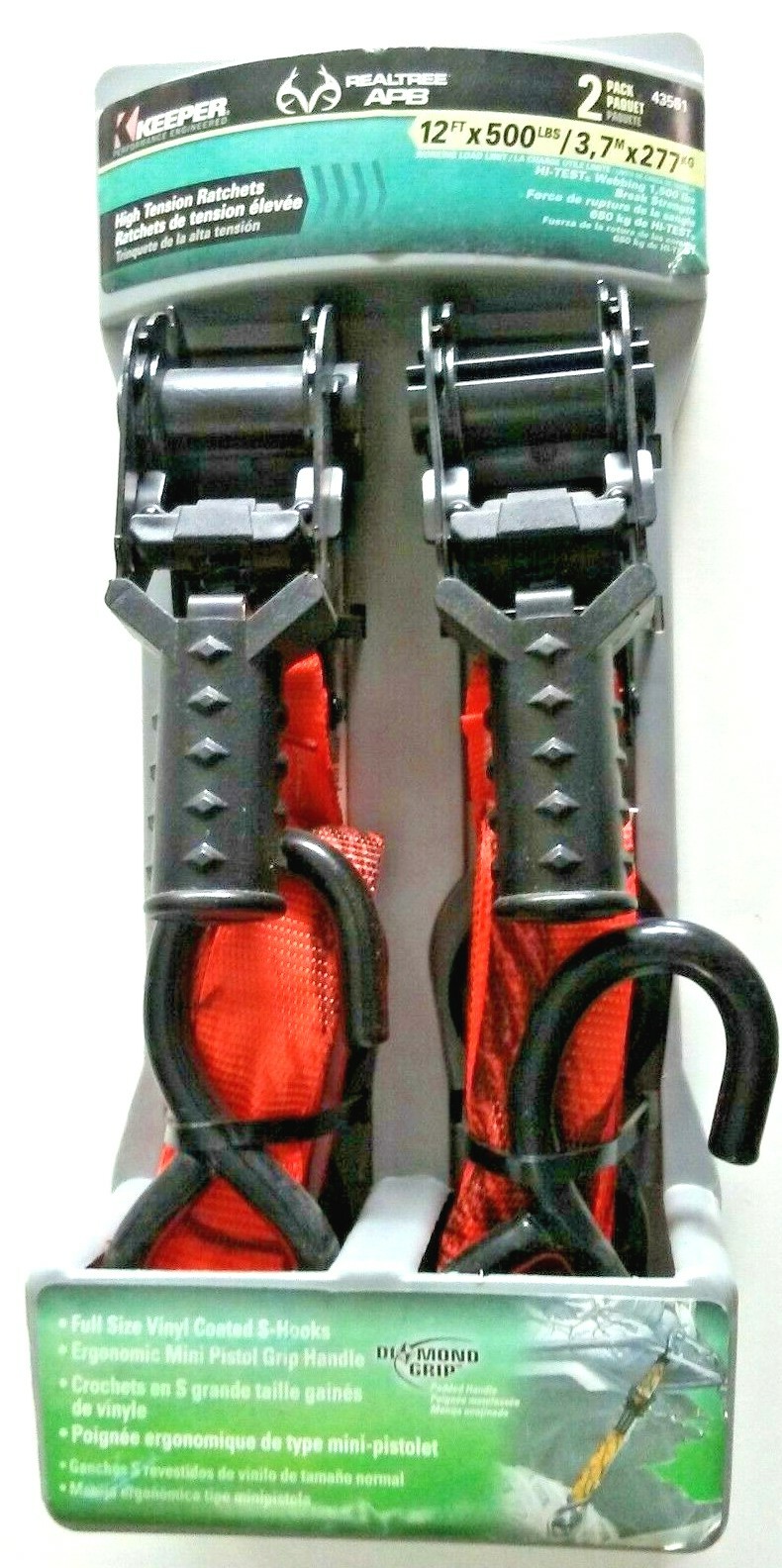 2-PackTie Down 1" 12ft 500Lbs High Tension Ratchets Hi-Test Webbing KEEPER 43561