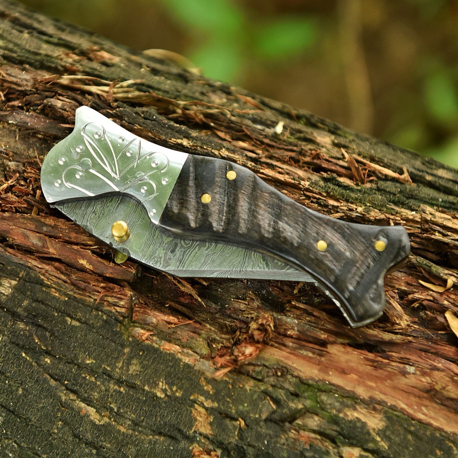 Damascus Folding Dagger Blade Pocket Knife Tactical-Double Edge