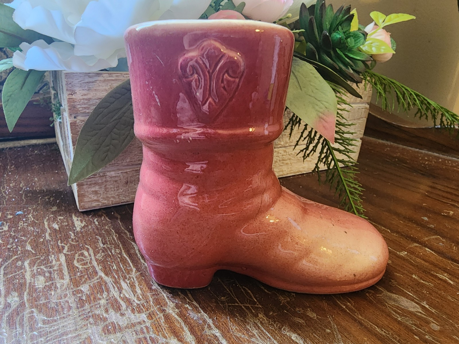 Ceramic Cuffed Boot Planter w/Crest-Fleur de Lis on Cuff