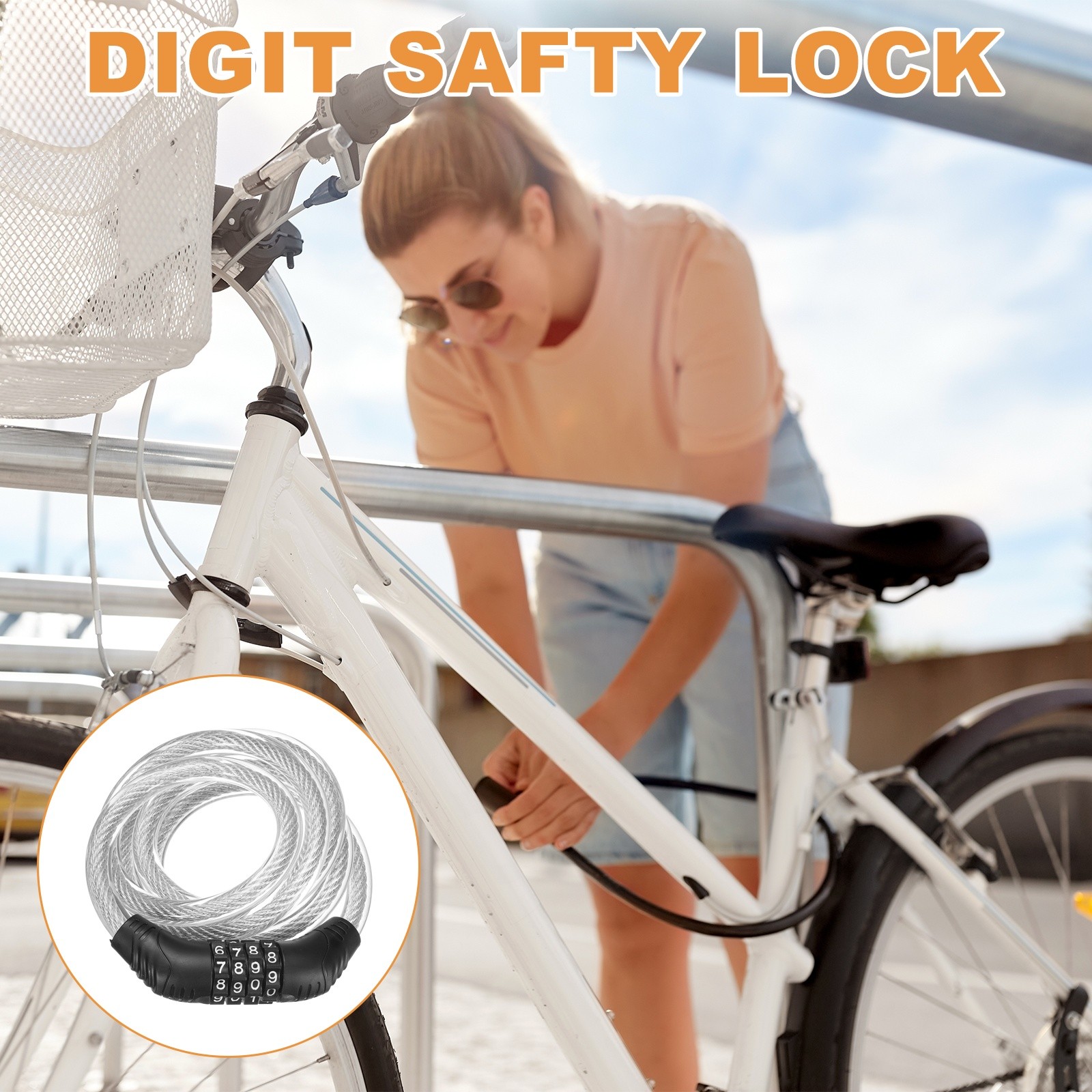 120cm Bike Lock Cable, Security Bike Wire with 4 Digit Code Combination, Clear