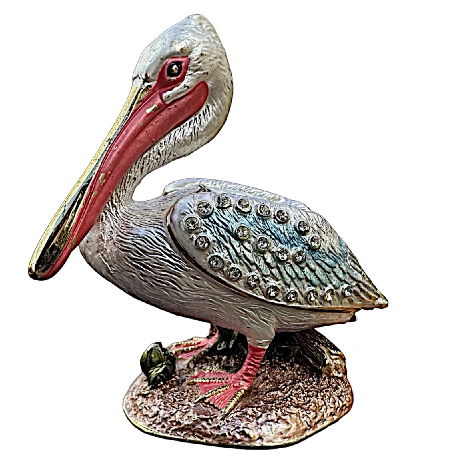 Bejeweled alloy enamel pelican trinket box 2.5”x 2.5”