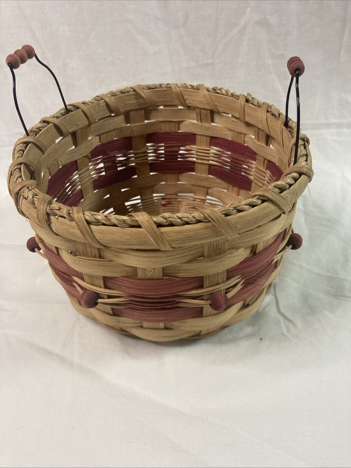 Artist Signed Cranberry & Tan Handmade Round Small Bun Basket w Wire Handles