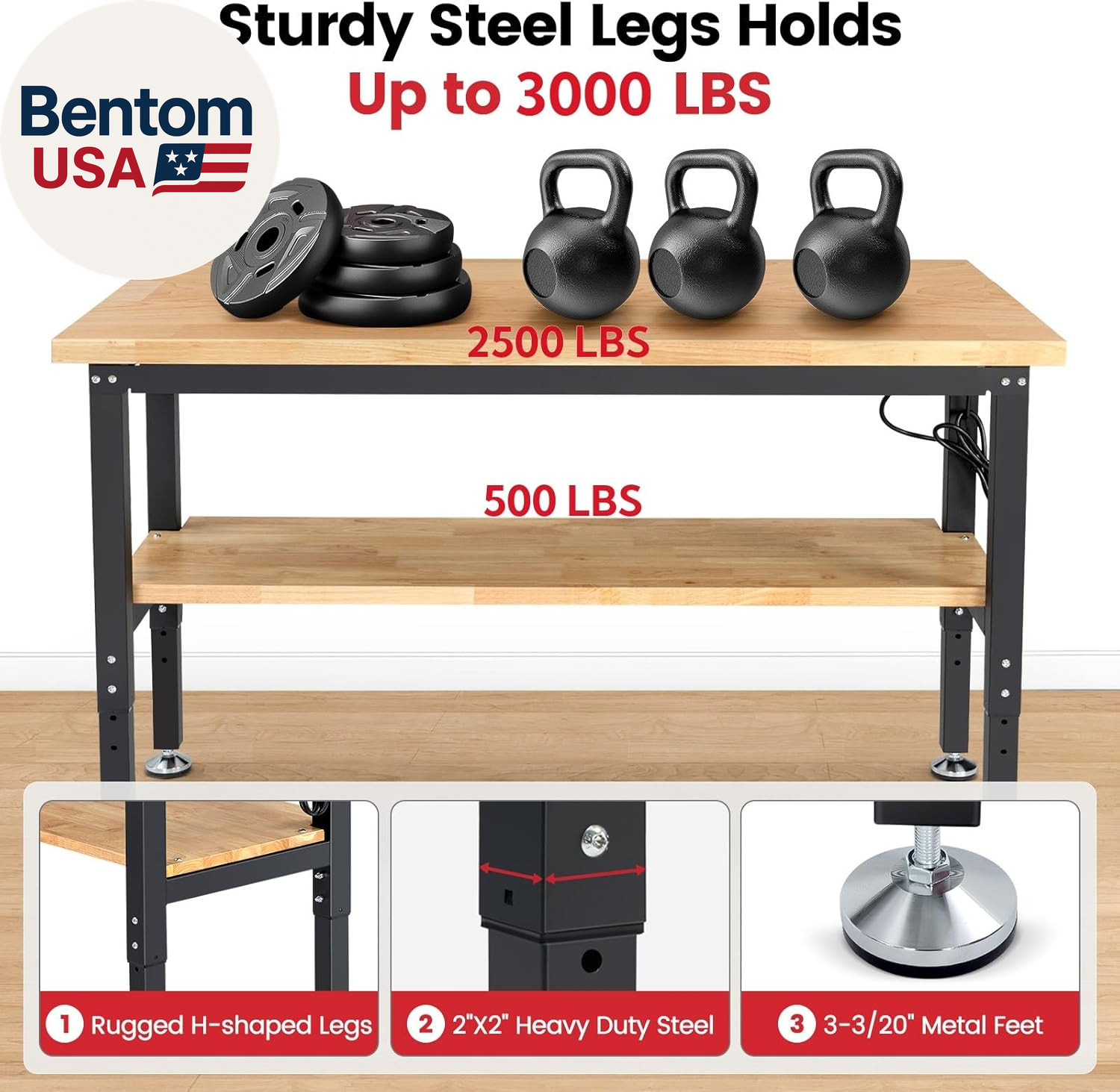 Adjustable Height Work Bench 60X 22 Workbench for Garage Work Table with under T