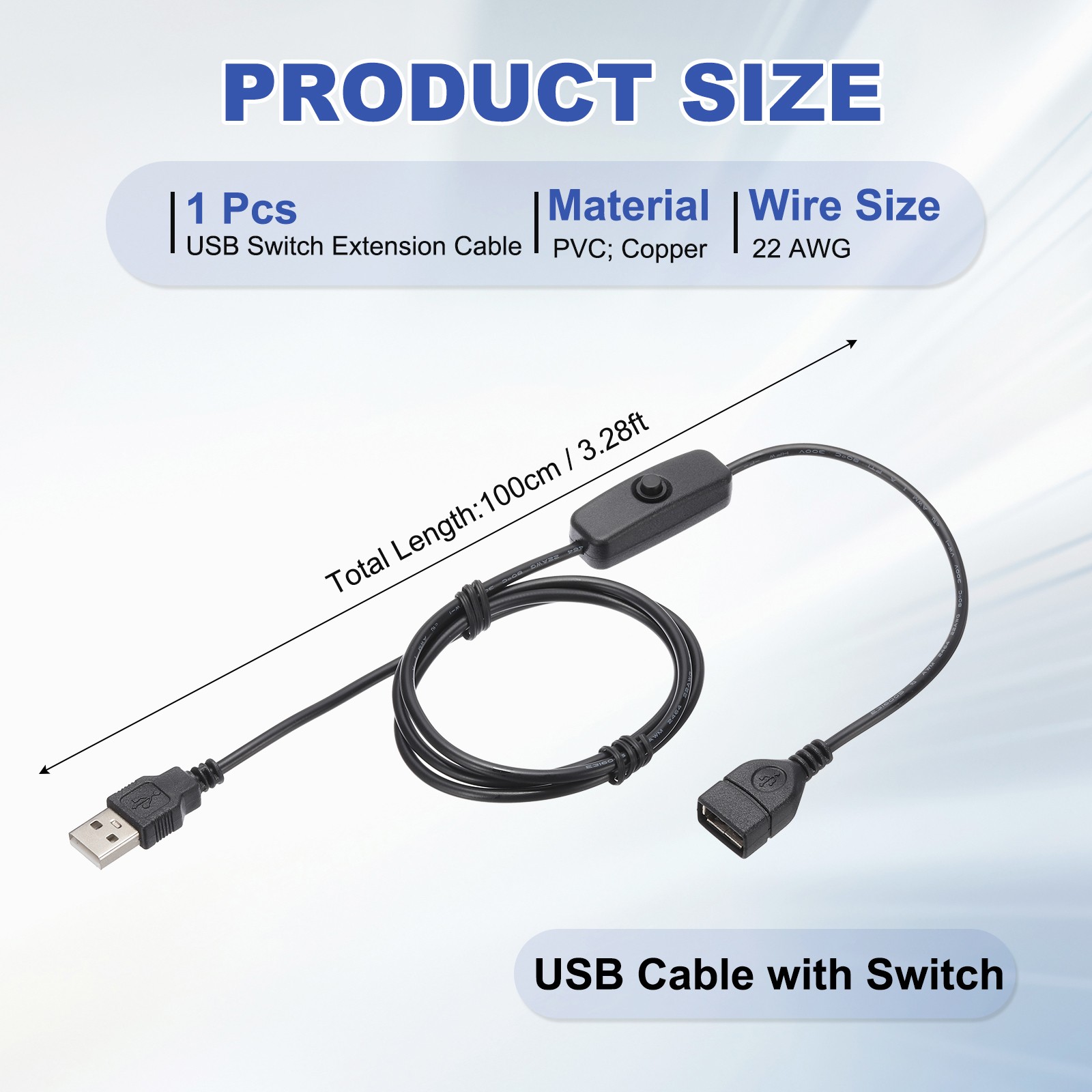 3.28ft USB Extension Cable with Switch 1pcs Button Switch Power Data Cable Black