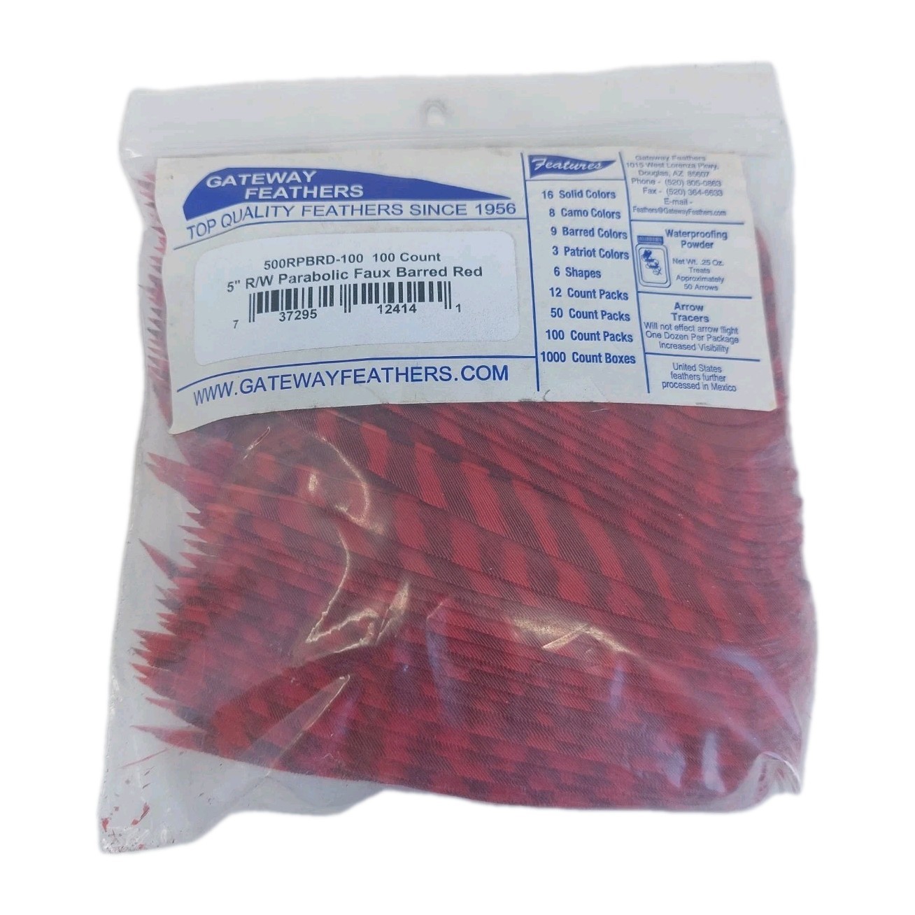 100 Pack Gateway Feathers 5" Right Wing: Parabolic Faux Barred Red 500RPBRD-100
