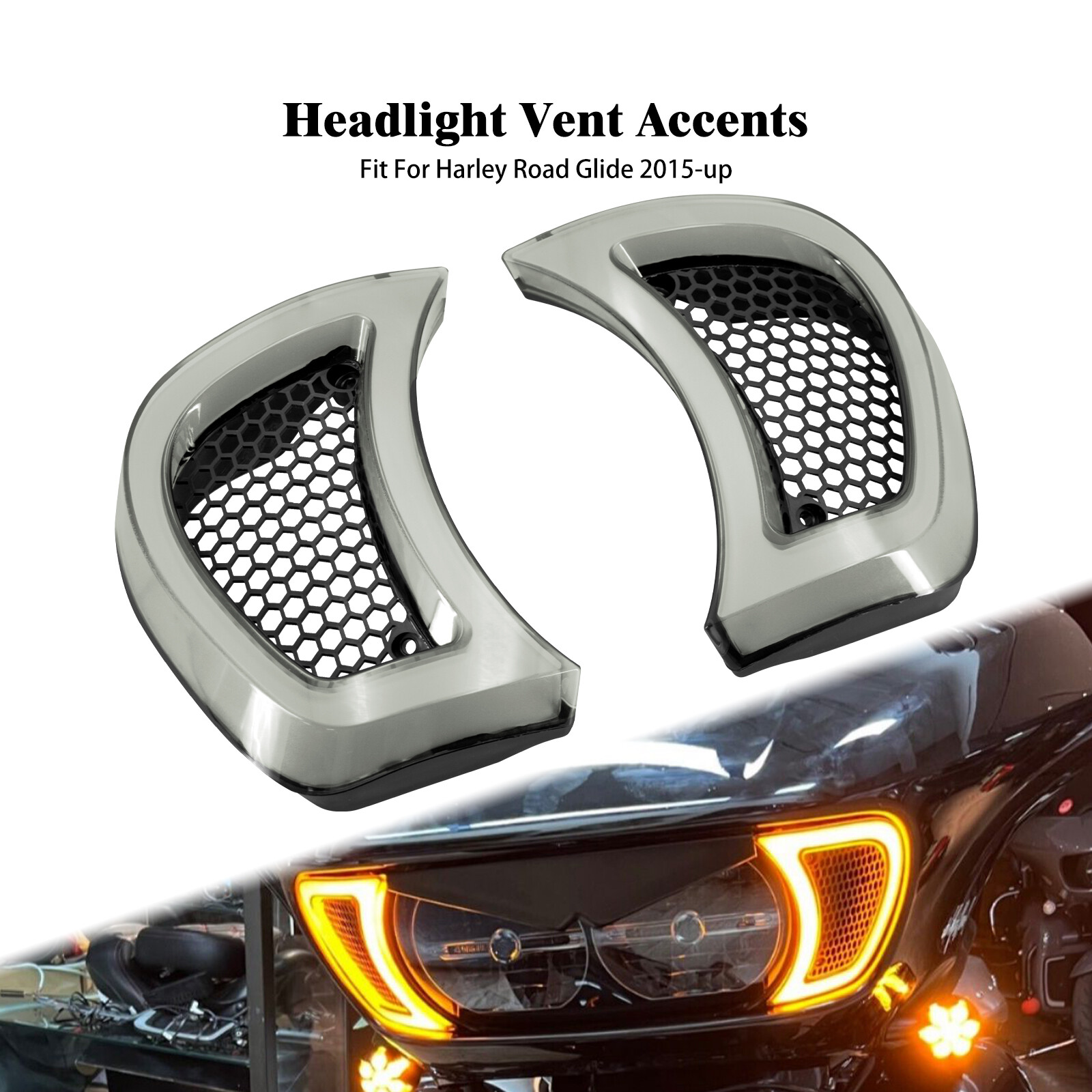 Headlight Vent Accent Amber White w/ Clear Lens LED Light For Harley Road Glide