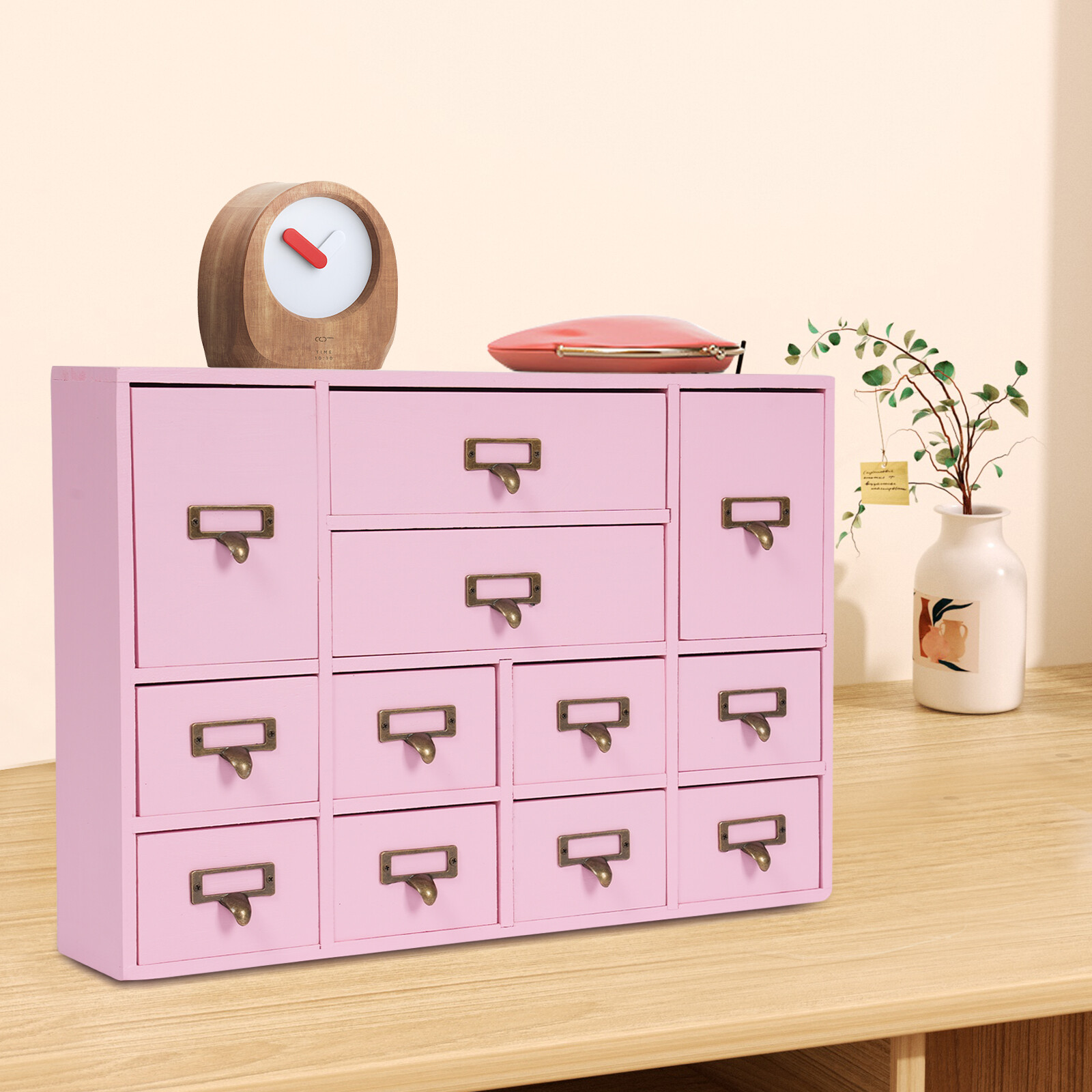 12 Drawers Wooden Desktop Organizer Home Storage Case Cosmetic Dresser Box US
