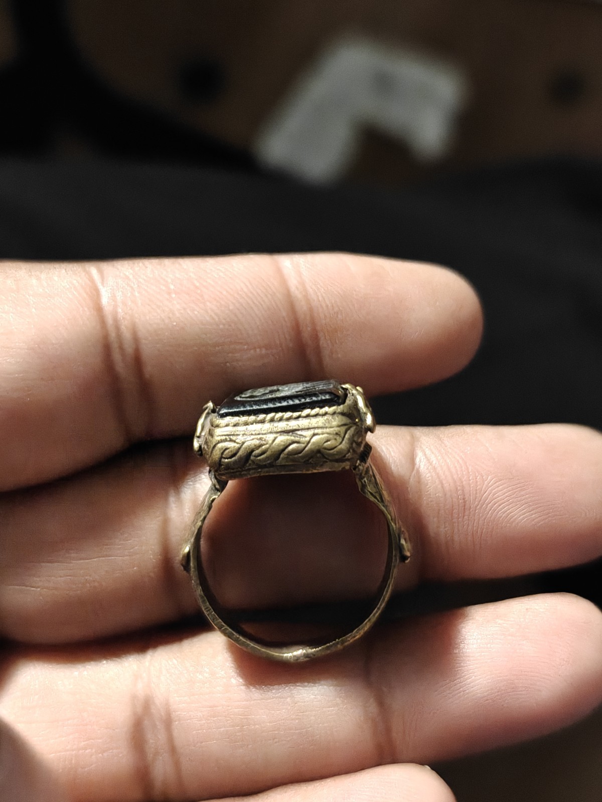Mediveal brass black agate animal intaglio unique ring
