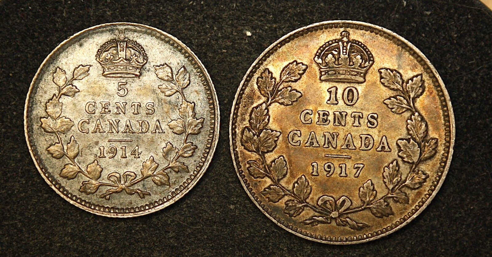 AU 1914 Five Cents Silver & AU 1917 Ten Cent    King George V Canada