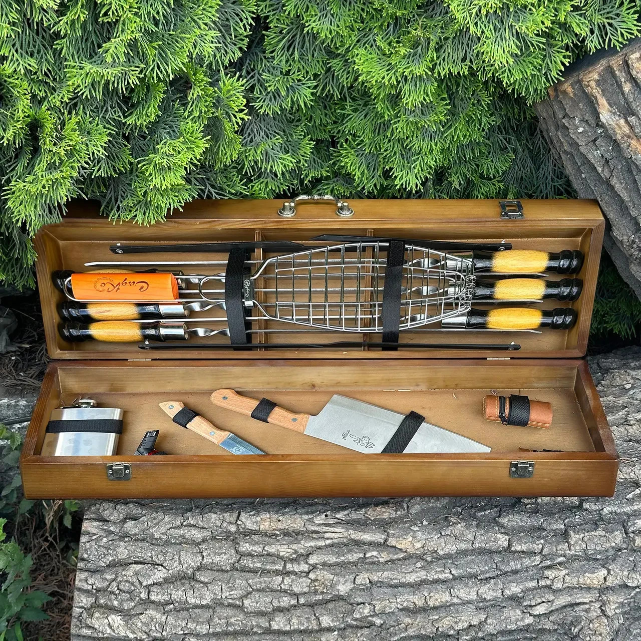 BBQ Gift Set Skewers Handcrafted Wooden BBQ Shashlik Kit, Professional Grill