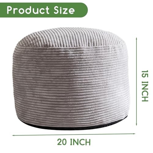 Round Stuffed Pouf Ottoman, Corduroy Poufs with Foam Chunk 20 inch Grey