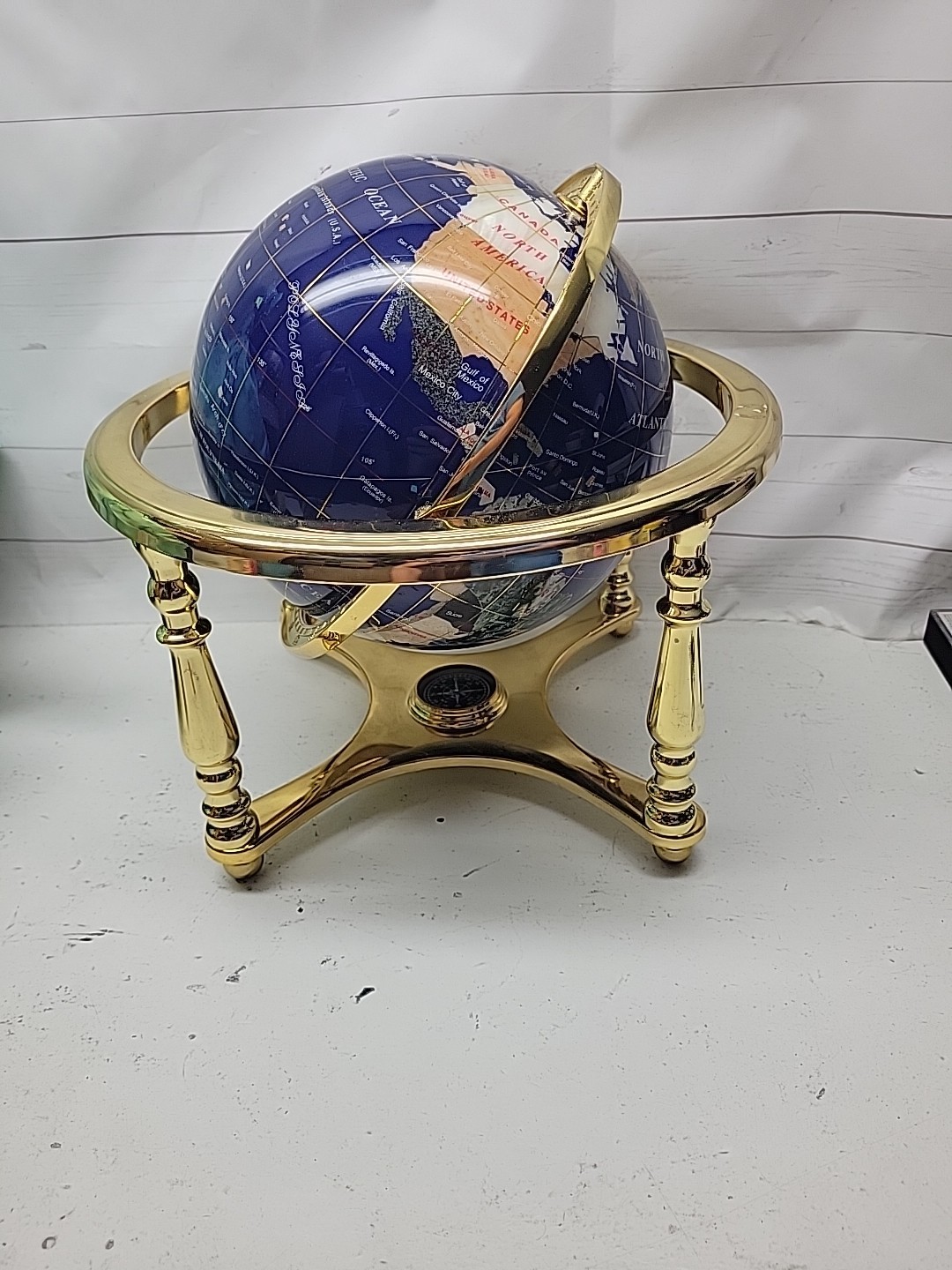 9" Blue Lapis and Precious Stone Jewel World Globe On Brass Stand