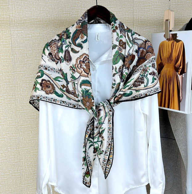 Pure19 Momme Silk Hualuo Scarf flower Print Square Shawl Bandana106X106cm new