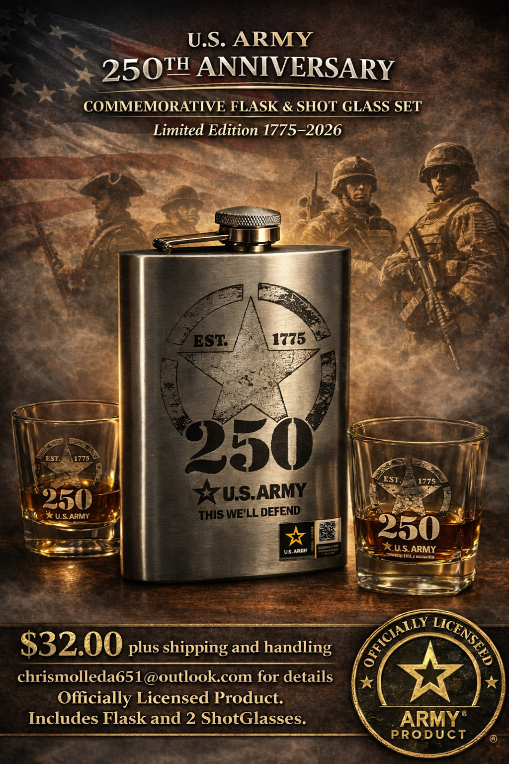 US Army 250th Anniversary Hip Flask Set 8oz Stainless Steel w2 Shot Glasses Gift