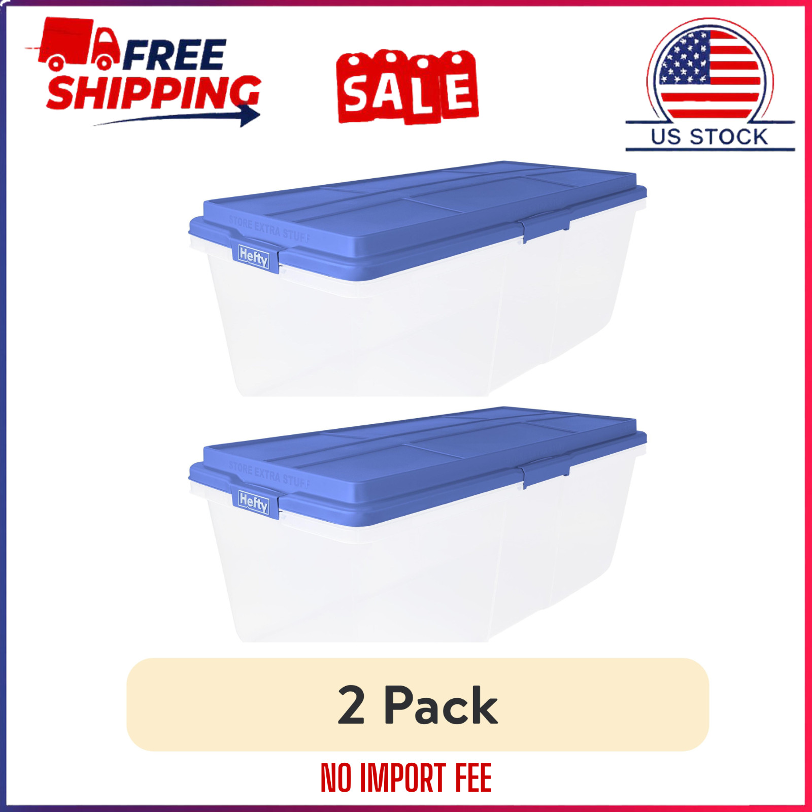 2 Pack Hefty HI-RISE 113 Qt Large Storage Bins Clear Plastic Latching Lid